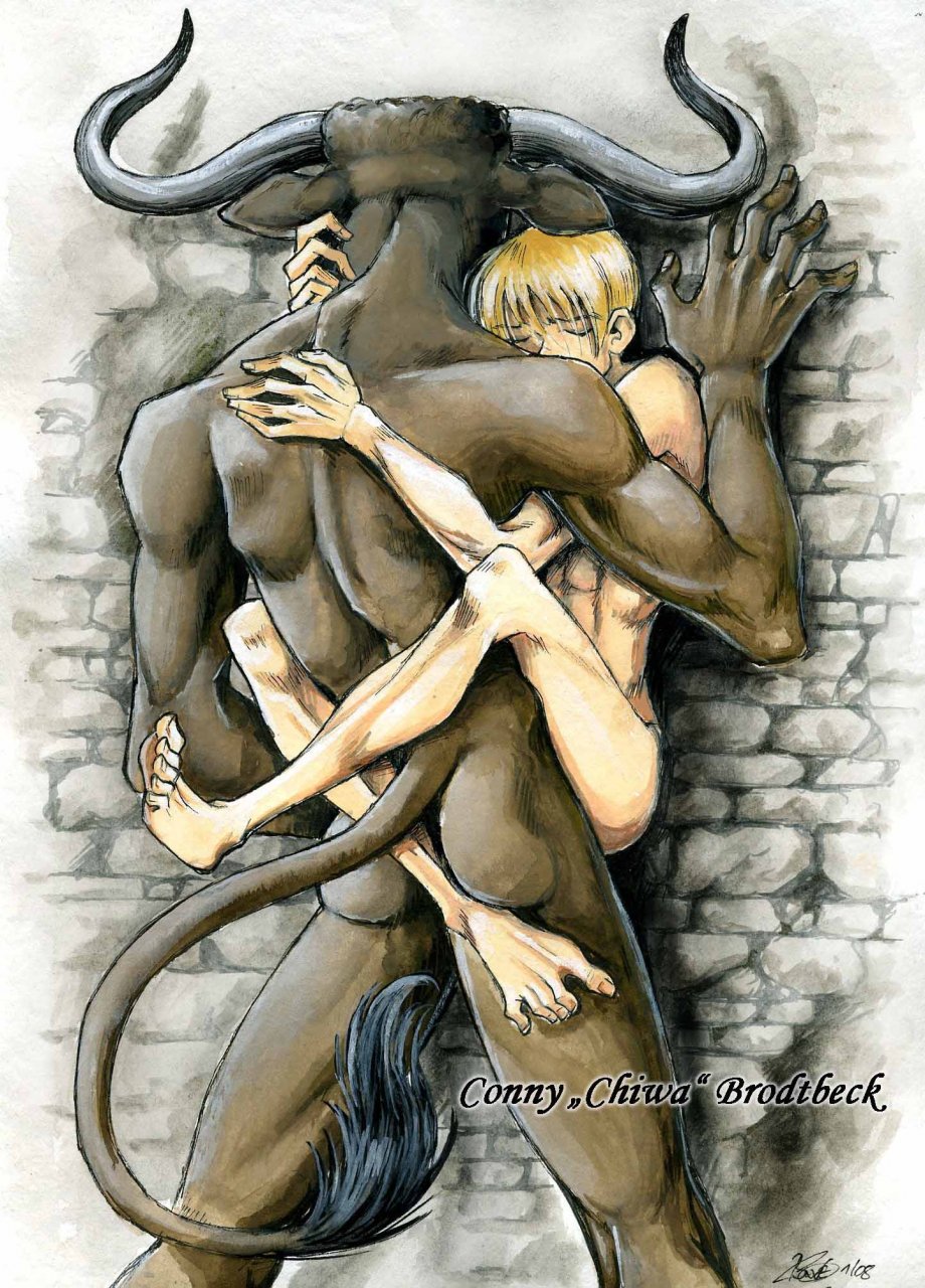 2008 against_wall anal anal_sex anthro ass asterion blonde_hair bovine brodtbeck bull chiwa closed_eyes conny_brodtbeck fantasy fictional_interracial gay greek_mythology hair hindpaw horns human interspecies lanky male male/male male_on_male male_only minotaur missionary_position muscles nude penetration sex tail theseus yaoi yellow_hair