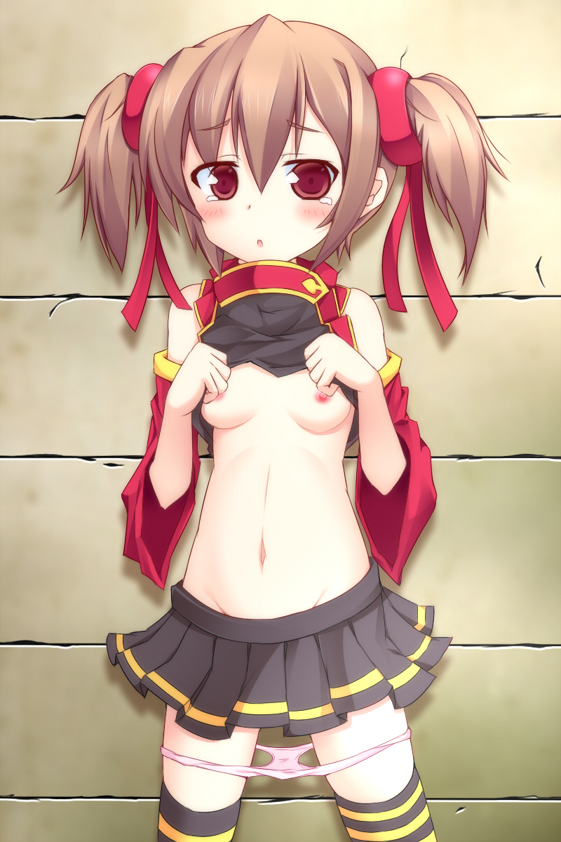 1girls aincrad ayano_keiko blush brown_hair female highres nipples noumin panties panty_pull red_eyes shirt_lift short_hair short_twintails silica small_breasts solo sword_art_online thighhighs tied_hair twintails underwear