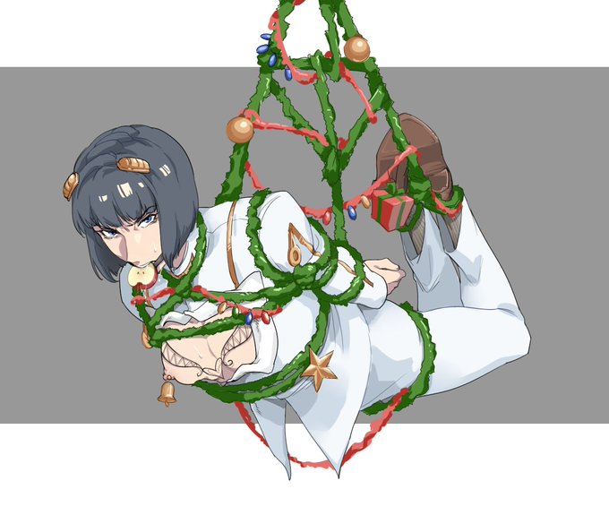 1boy apple_gag arms_behind_back arms_tied bell bell_piercing bondage bruno_buccellati christmas cleavage_cutout clothed gag jojo's_bizarre_adventure legs_tied male_only nipple_bells nipple_piercing restrained solo_male suspension vento_aureo