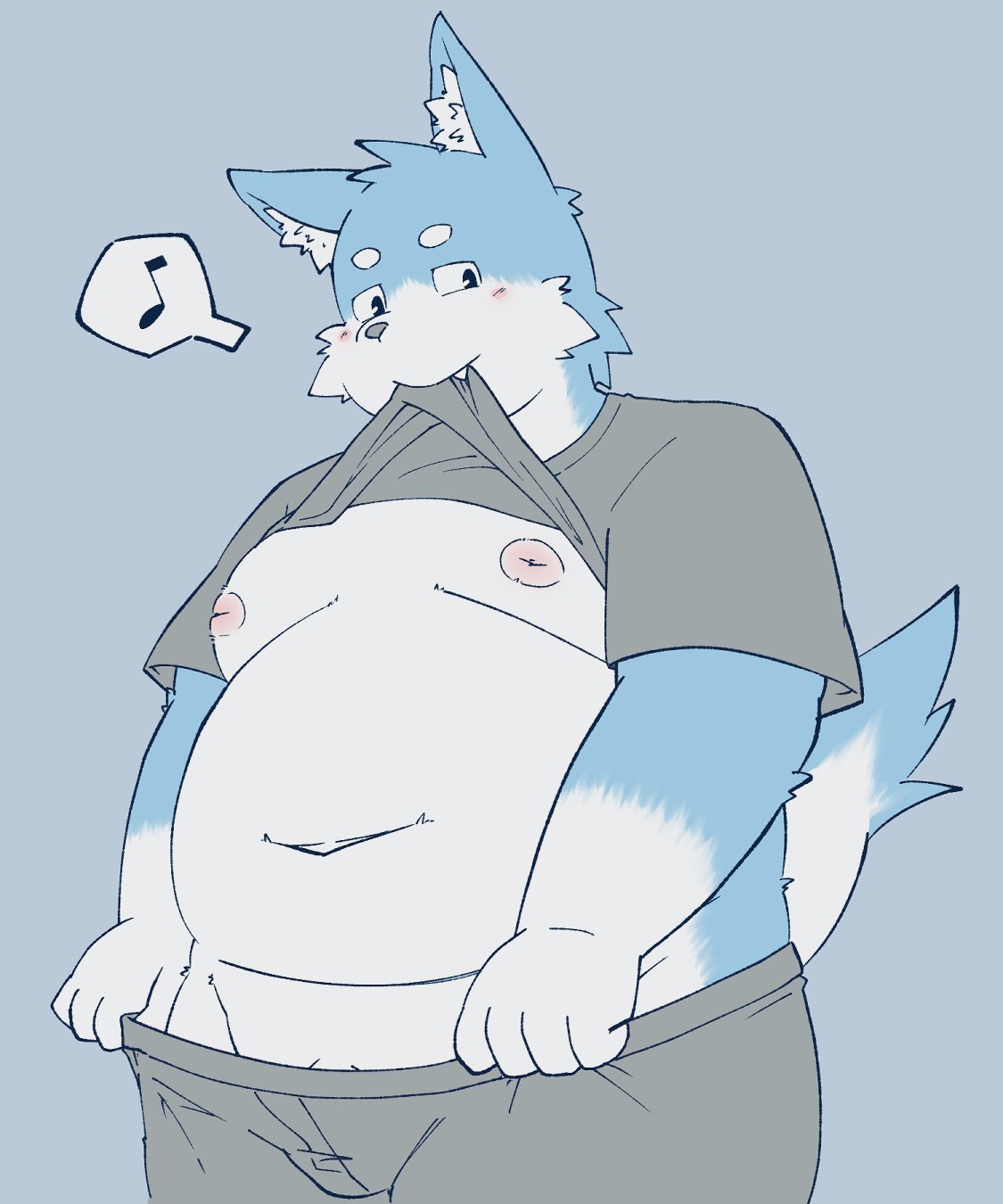 2022 anthro barely_visible_genitalia barely_visible_penis belly big_belly black_nose blue_body blush canid canine clothed clothing clothing_lift genitals hi_res humanoid_hands kemono male mammal moobs musical_note navel nipples overweight overweight_male penis shirt shirt_lift simple_background solo solo_male topwear uchimaru white_body