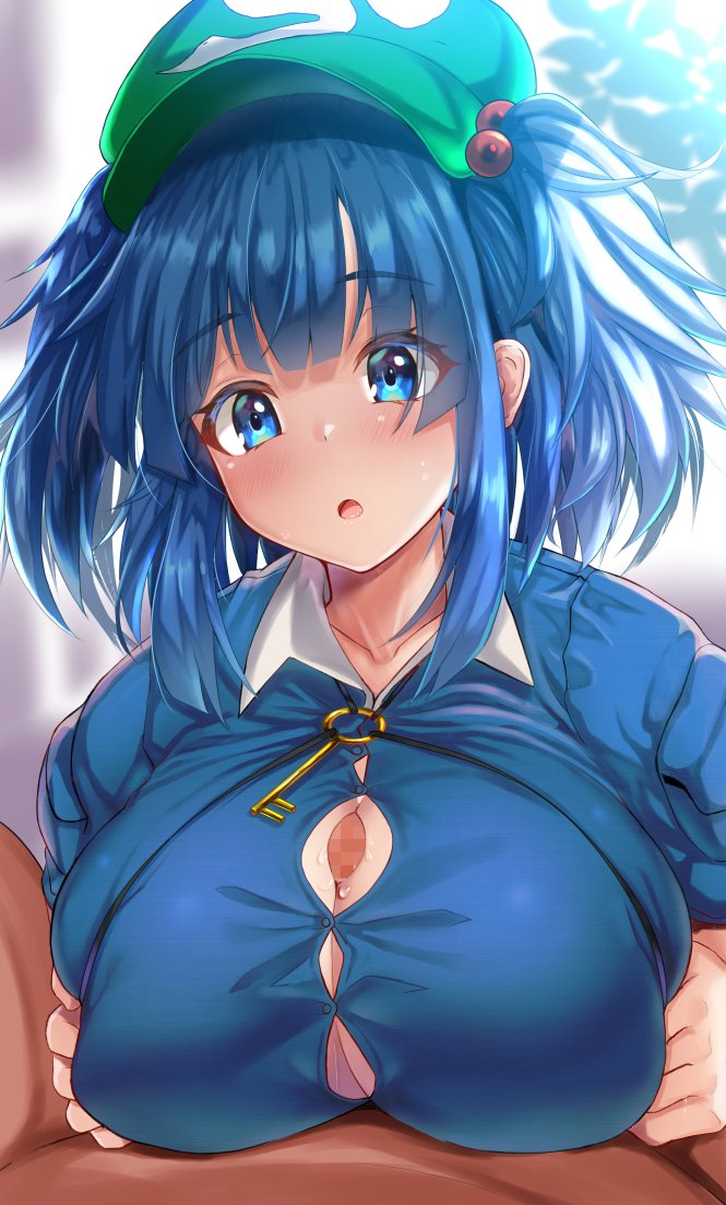 1boy bangs blue_eyes blue_hair blue_shirt blush breast_squeeze breasts clothed_female_nude_male collared_shirt ebi_193 female flat_cap green_headwear hair_bobbles hair_ornament hat kappa kawashiro_nitori key large_breasts long_sleeves medium_hair nitori_kawashiro nude open_mouth outdoors paizuri paizuri_under_clothes penis pov pov_crotch shiny shiny_hair shirt short_twintails sidelocks solo_focus straight touhou twintails two_side_up