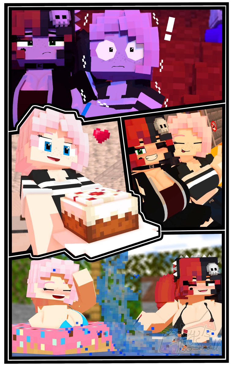 2girls 3d big_breasts bikini breasts cake clothing ellie_walls_(odysseyellie) female female_only floaty freckles goth horny indoors looking_at_viewer mine-imator minecraft movie_theater pink_hair pool selfie skull_hair_ornament smile spiked_hairband splashing swimsuit tagme theater twintails two_tone_hair wink zoey_(zoeyistoosmall) zoey_is_too_small