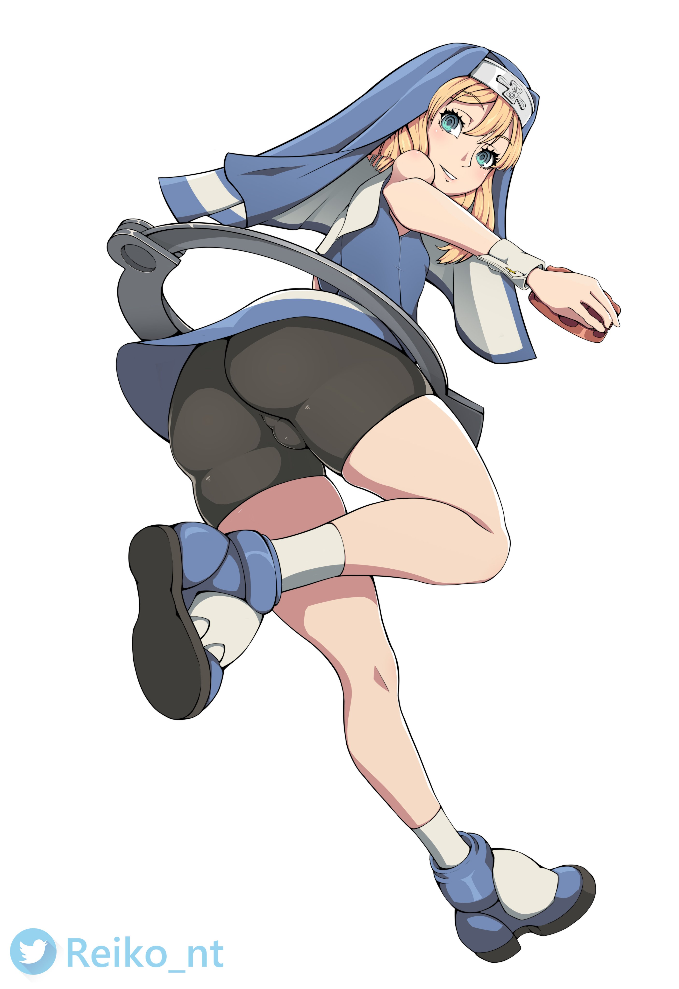 1boy, 2020s, 2022, androgynous, arc system works, artist signature, ass, backsack, balls, ballsack, big ass, big butt, bike shorts, blonde hair, blue eyes, bridget, bubble ass, bubble butt, clothed, clothing, compression shorts, digital drawing (artwork), digital media (artwork), eye contact, femboy, feminine male, girly, guilty gear, guilty gear strive, hi res, hoodie, huge ass, huge butt, human, human focus, human only, light skin, long hair, looking at viewer, male, male focus, male nun, male only, nun, nun's habit, plump ass, pre-transition, reiko nt, shorts, sissy, solo, solo focus, solo male, spandex shorts, thick, thick ass, thick thighs, thighs, video games, yo-yo
