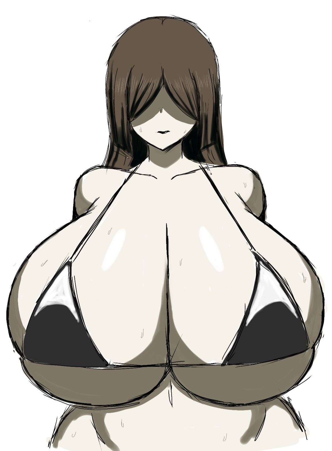 1girls, big breasts, bikini, breasts, busty, demon slayer, female, female only, giant breasts, gigantic breasts, hair over eyes, huge breasts, hyper breasts, kimetsu no yaiba, large breasts, long hair, massive breasts, momiji (artist), nakime, simple background, swimsuit, venus body, white background