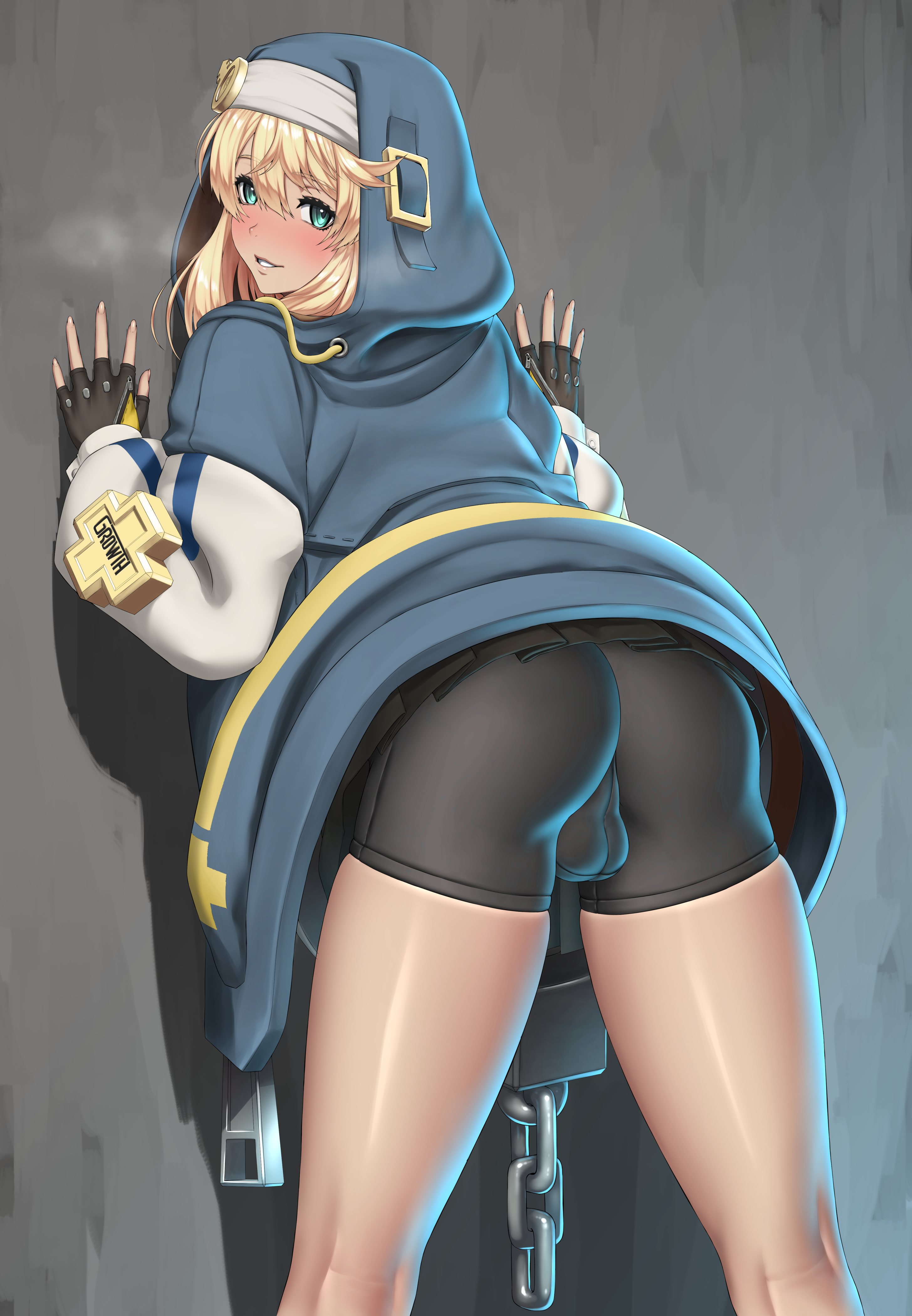1boy, against wall, ass, backsack, balls, ballsack, bike shorts, bike shorts bulge, blonde hair, blue eyes, bridget, canon crossdressing, compression shorts, eye contact, feminine male, fingerless gloves, fully clothed, girly, gloves, guilty gear, guilty gear strive, hoodie, karasu (jjwh2832), looking at viewer, male, male only, nun's habit, shorts, solo, solo male, spandex shorts, thick thighs, thighs