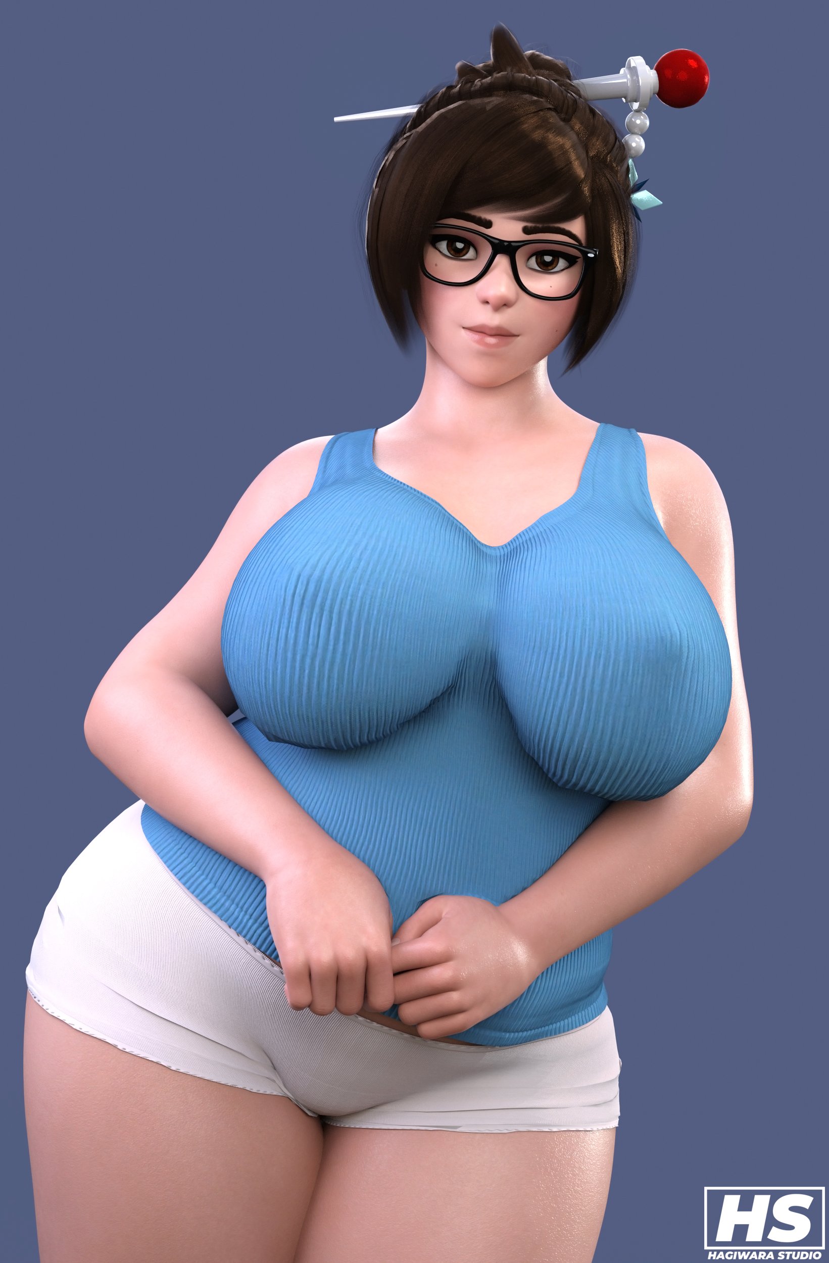 1girls, 3d, bbw, big breasts, blizzard entertainment, booty shorts, breasts, chubby, chubby female, female, female only, glasses, hagiwara studio, mei (overwatch), overwatch, short shorts, shorts, tank top, thick thighs, wide hips