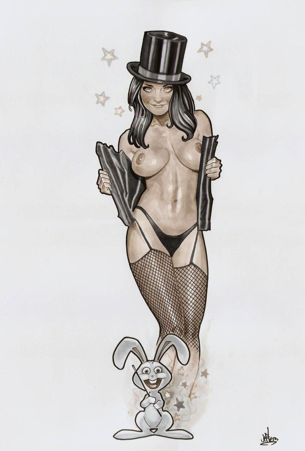 abs big_breasts breasts dc dc_comics exposed_breasts female female_only fishnet_stockings hat jefter_leite justice_league justice_league_dark looking_at_viewer magic_user magician nipples rabbit shoulder_length_hair standing superheroine topless topless_female underwear underwear_only zatanna zatanna_zatara