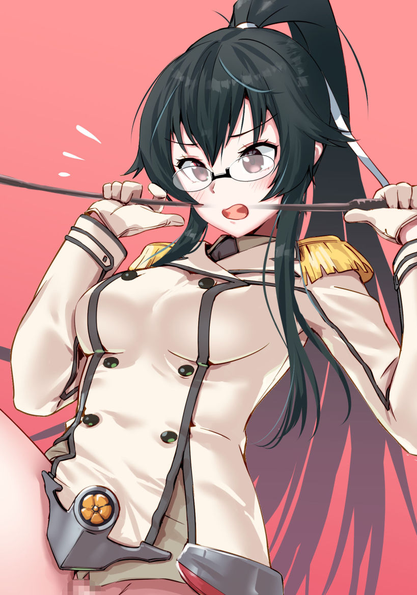 asava_(hutaitenn) bespectacled black_hair black_necktie blush bottomless brown_shirt buttons censored collared_shirt cosplay double-breasted epaulettes female glasses gloves hair_ribbon jacket kantai_collection katori_(kantai_collection)_(cosplay) long_hair mosaic_censoring necktie open_mouth pink_background pink_eyes ponytail ribbon riding_crop rimless_eyewear shirt simple_background solo white_gloves white_ribbon yahagi_(kantai_collection)