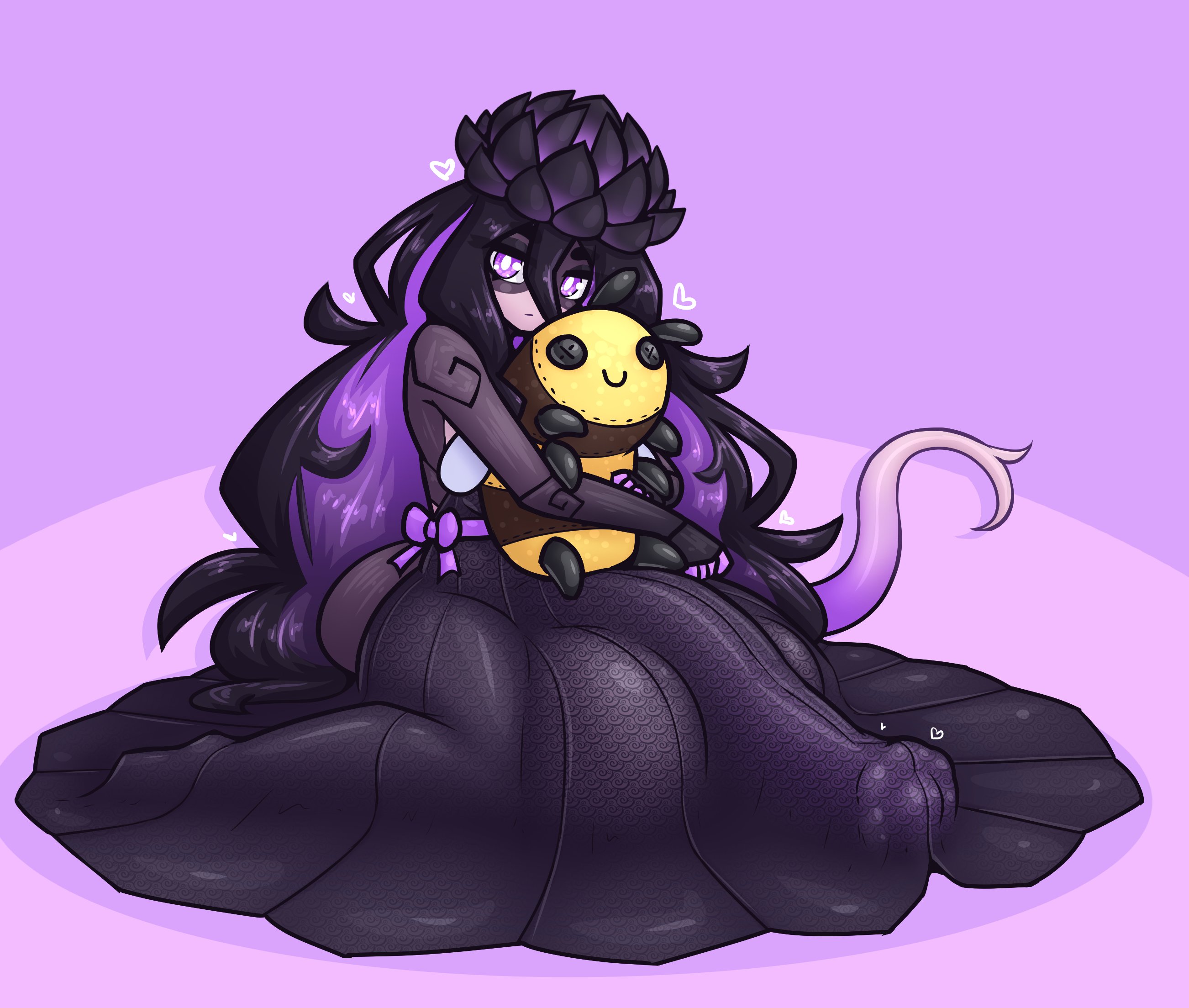 1futa, animal genitalia, animal genitalia on humanoid, balls, black hair, black lotus (limebreaker), breasts, clothed, clothing, equine penis, female, fully clothed, futa only, futanari, horse penis, horsecock, horsecock futa, horsecock on humanoid, huge penis, humanoid, intersex, large balls, large penis, limebreaker, long hair, looking at viewer, monster girl, original, penis, penis to the knees, penis under clothes, penis under dress, penis under skirt, plant, plant girl, plushie, purple eyes, purple hair, sitting, solo, tail, two-tone hair