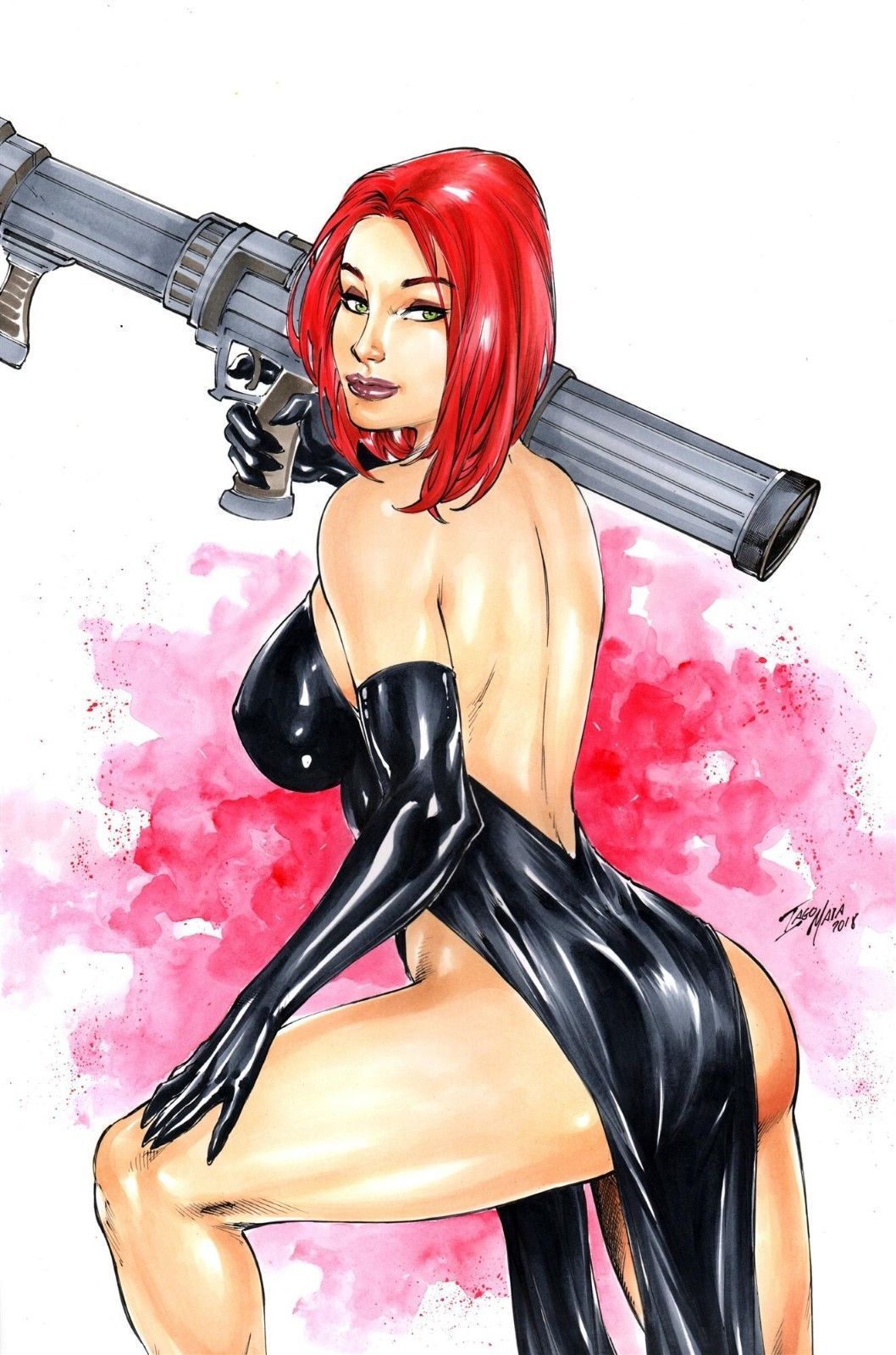 1girls assassin avengers bazooka black_widow_(marvel) dress ed_benes_studio elbow_gloves female female_only fit fit_female green_eyes human human_only iago_maia latex_clothes latex_dress latex_gloves light-skinned_female light_skin looking_at_viewer marvel marvel_comics natasha_romanoff no_bra red_eyebrows red_hair russian seductive_look seductive_smile short_hair solo solo_female spy