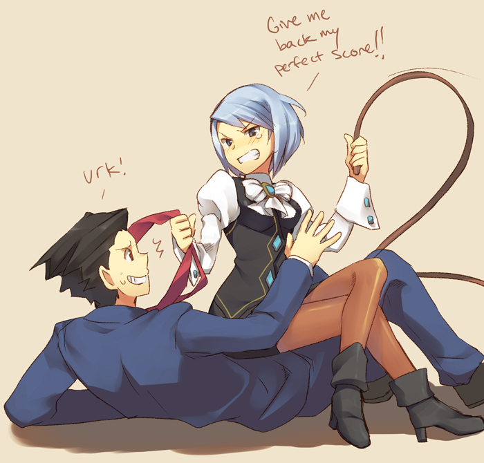 1boy 1girls angry blue_hair blush female franziska_von_karma gyakuten_saiban karuma_mei male malesub naruhodou_ryuuichi phoenix_wright short_hair tagme weee_(raemz) whip wholesome