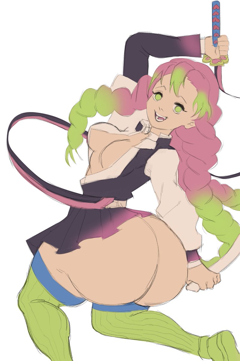1girls, ass, ass focus, big ass, big butt, breasts, bubble ass, bubble butt, cleavage, demon slayer, fat ass, female, green eyes, huge ass, kanroji mitsuri, kimetsu no yaiba, large ass, looking at viewer, looking back, multicolored hair, pink hair, pink-haired female, round ass, short skirt, skimpy, skimpy clothes, skirt, smile, smiling, smiling at viewer, thick, thick ass, thick thighs, undergroundj, voluptuous, wide hips
