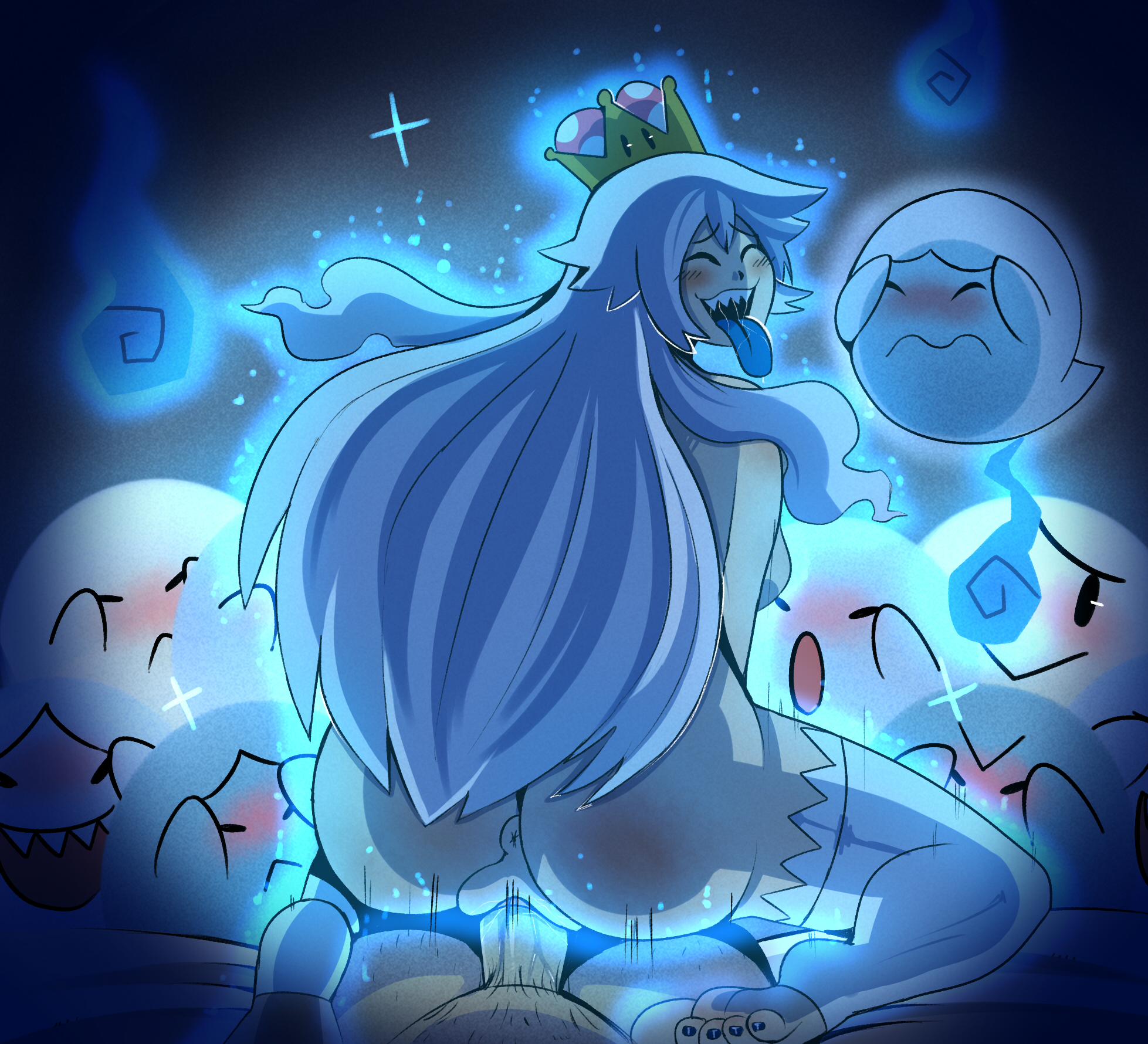 1boy, 1girls, 2021, anus, ass, black background, blue tongue, blush, boo (mario), boosette, closed eyes, female, female focus, ghost, ghost girl, glowing, hi res, legwear, long hair, looking back, luigi, luigi's mansion, male, mario (series), new super mario bros. u deluxe, nintendo, nude, nude female, nude male, open mouth, penetration, penis, pleasure face, pussy, reverse cowgirl position, sharp teeth, smile, super crown, thegreyzen, thighhighs, toeless legwear, tongue, vaginal penetration, white hair, white legwear, will-o-wisp