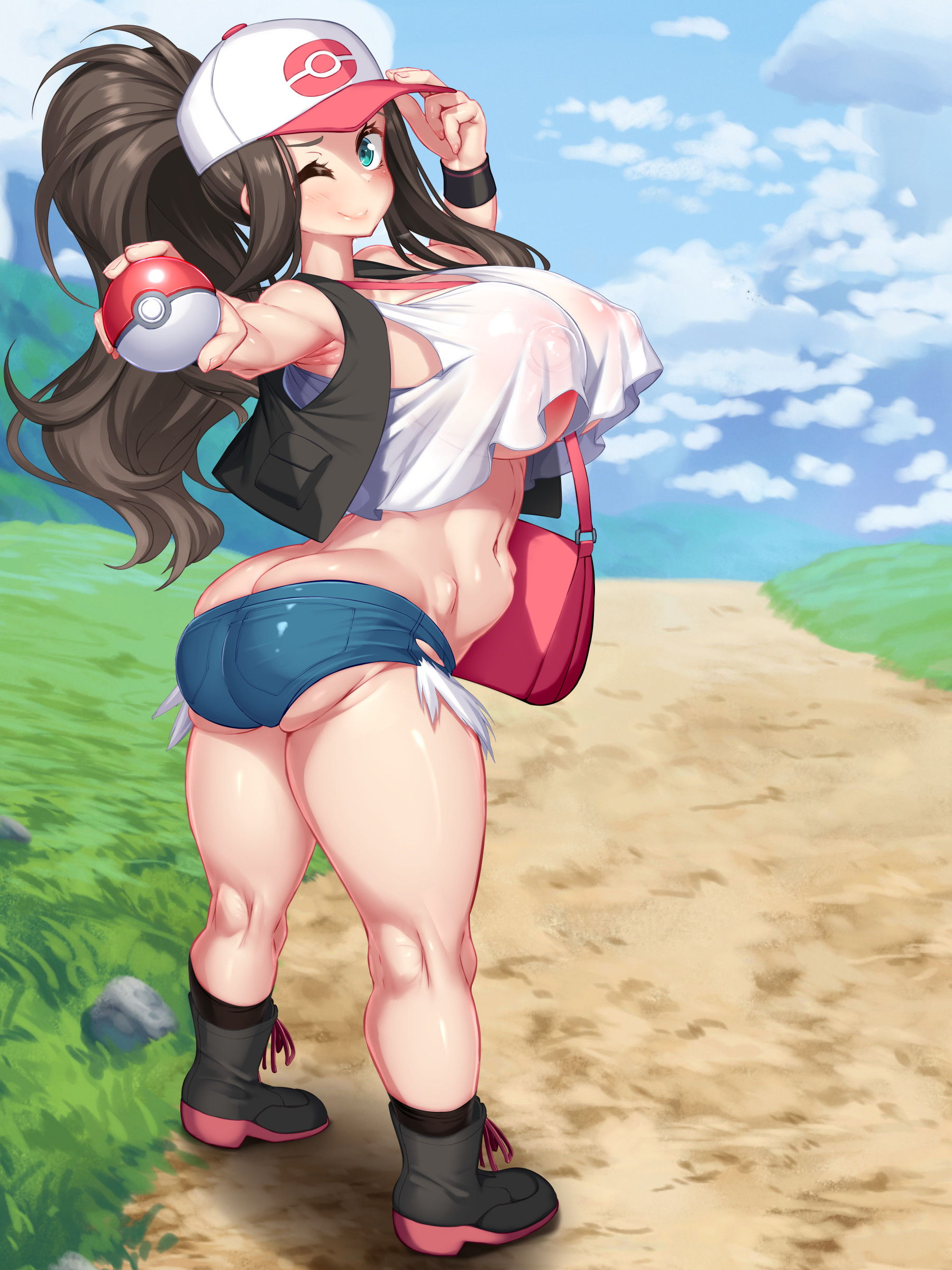 1girls, 2022, alternate breast size, ass, ass cleavage, ass crack, big ass, big breasts, big butt, big nipples, blue eyes, booty shorts, breasts, brown hair, bubble ass, bubble butt, bursting ass, bursting butt, butt crack, crop top overhang, female, female only, hat, hilda (pokemon), hips, holding object, huge breasts, jean shorts, kawahagitei, large ass, long hair, long ponytail, looking at viewer, nintendo, nipple bulge, nipples visible through clothing, outdoors, pokeball, pokemon, pokemon bw, ponytail, short shorts, shorts, slim waist, tank top, thick thighs, thighs, underboob, white hat, wide hips