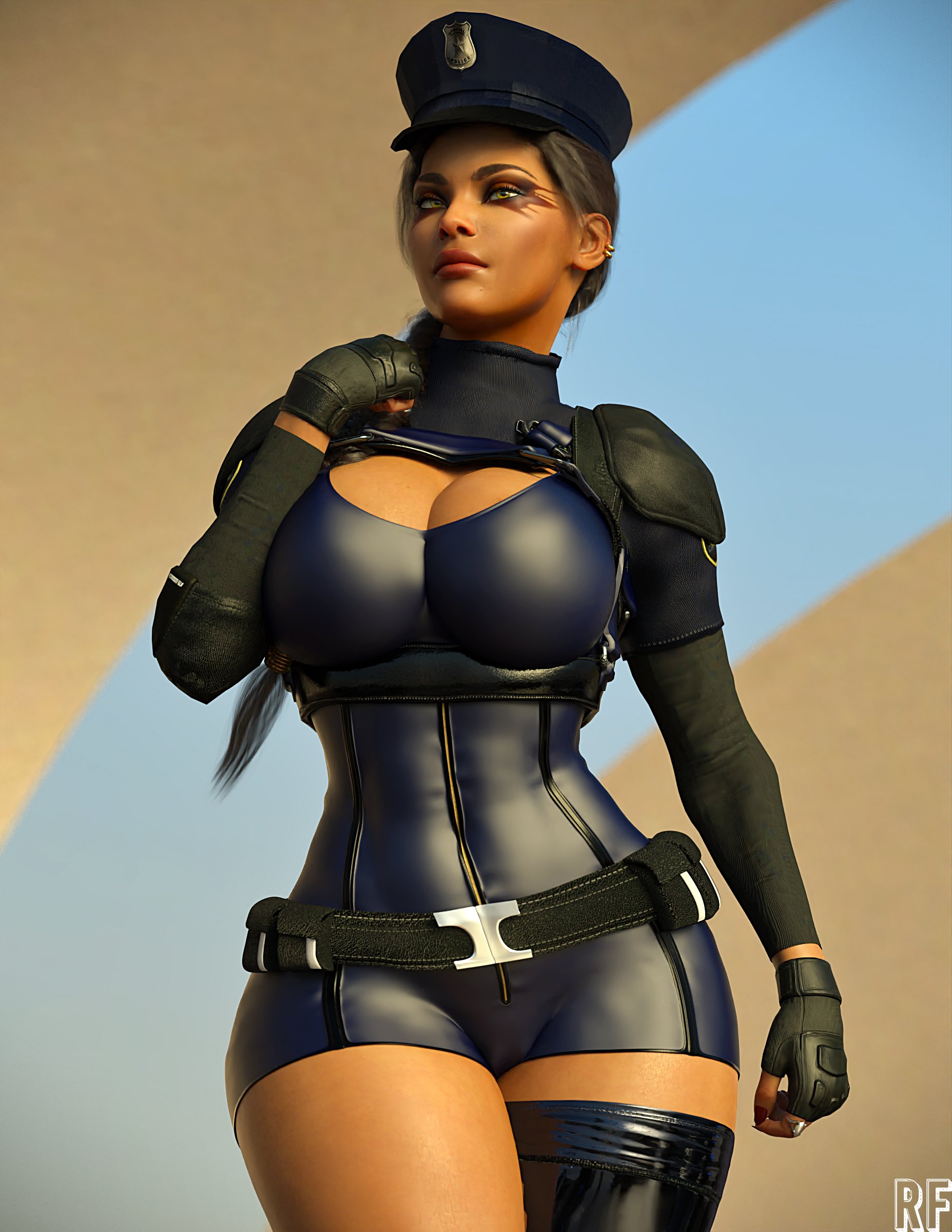 1girls, 3d, absurd res, apex legends, ass, big breasts, breasts, cameltoe, cleavage, cleavage cutout, dark skin, dark-skinned female, female, female only, hi res, loba (apex legends), police hat, police uniform, policewoman, pussy, rude frog, solo, thick ass, wide hips