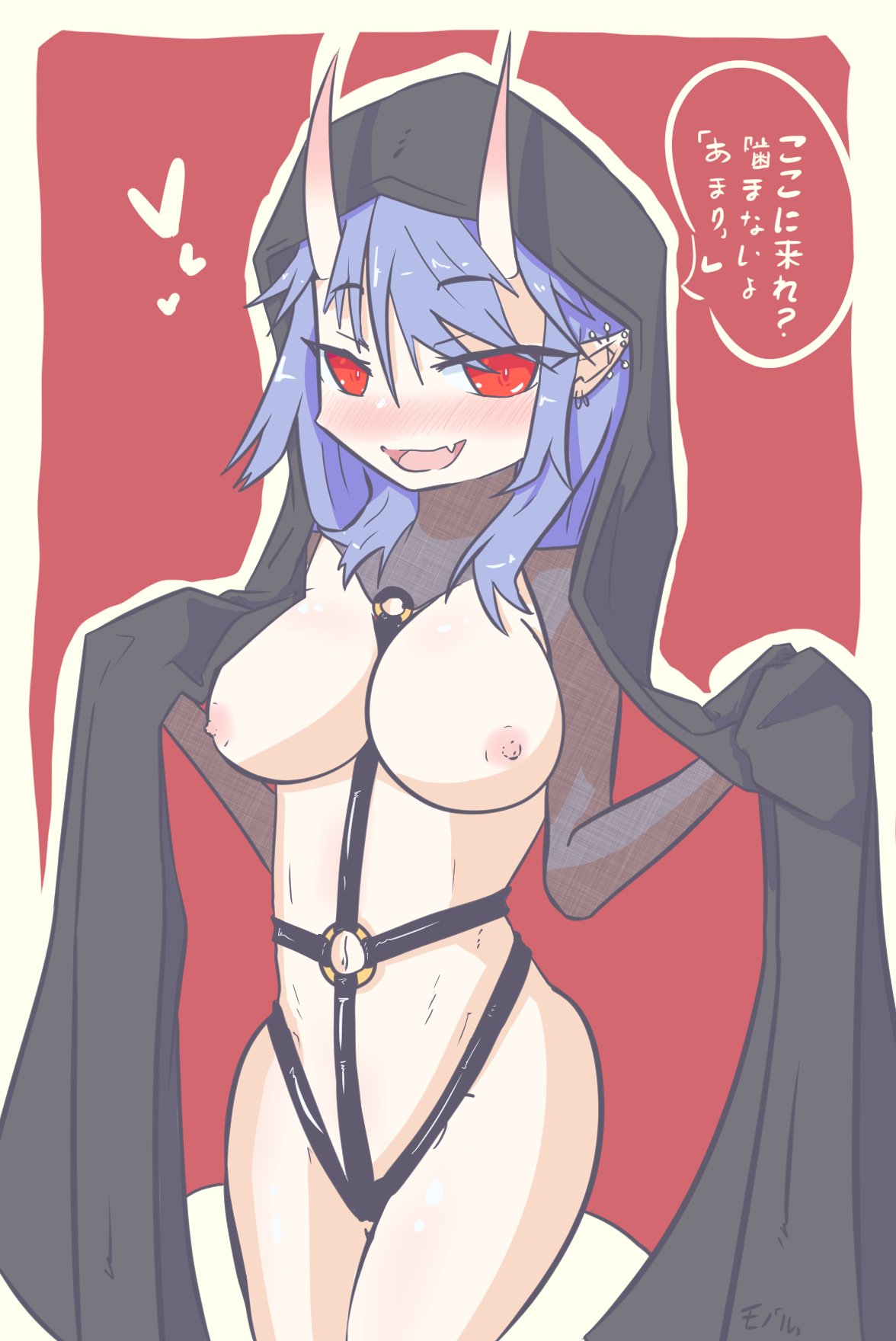 big_hair blue_hair blush blushing boobs breasts breasts_out breasts_outside flustered horns jacket jacket_open latex_suit long_hair medium_breasts mono_(twitter_artist) nipples no_bra ogre ogre_female ogre_girl pale-skinned_female pale_skin pink_nipples red_eyes text