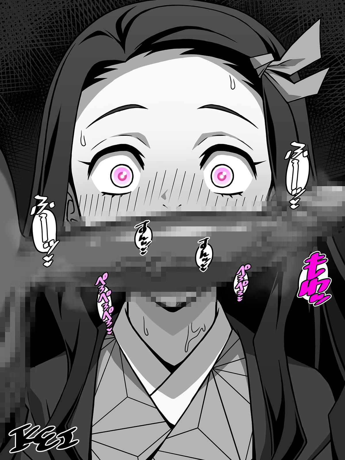 1boy, 1girls, artist signature, balls, black and white, black hair, blush, blush lines, censored, clothed female nude male, dark skin, dark-skinned male, demon slayer, female, huge cock, imminent oral, imminent sex, interracial, kamado nezuko, kei (けい), kimetsu no yaiba, kimono, long hair, long penis, male, monochrome, open eyes, penis, pink eyes, pixelated, pupils, raised eyebrows, shiny eyes, shocked, shocked expression, sound effects, speech bubble, steam, steamy penis, surprised, surprised expression, sweat, sweatdrop, veiny penis