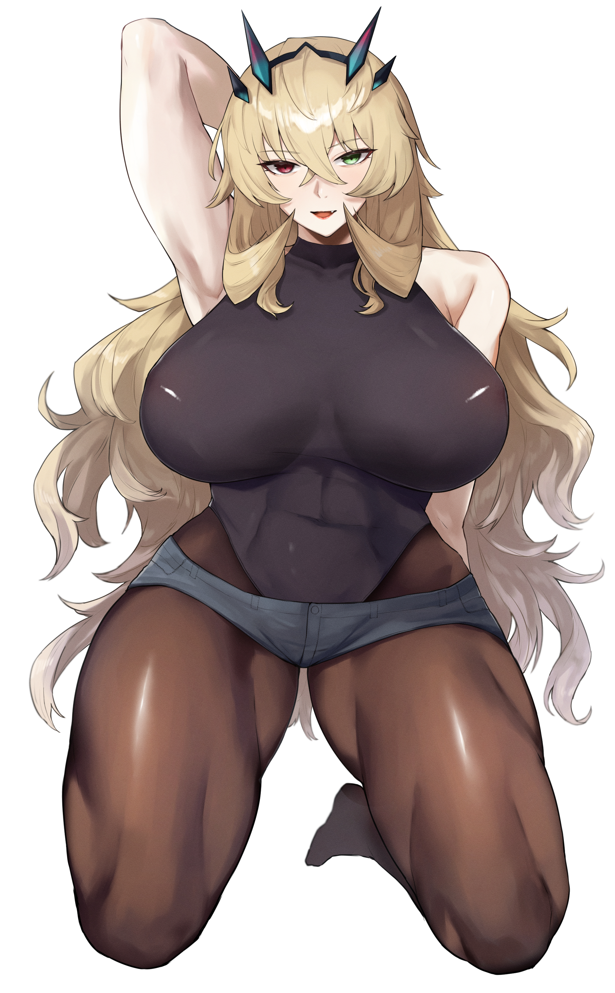 1girls, 2022, armpits, arms up, barghest (gawain) (fate), blonde hair, booty shorts, breasts, fate (series), fate/grand order, female, female only, heterochromia, hips, huge breasts, jean shorts, kataku musou, kneeling, leggings, light skin, light-skinned female, long hair, muscular, muscular female, naughty face, short shorts, shorts, thick thighs, thighs, thunder thighs, tight clothing, wide hips