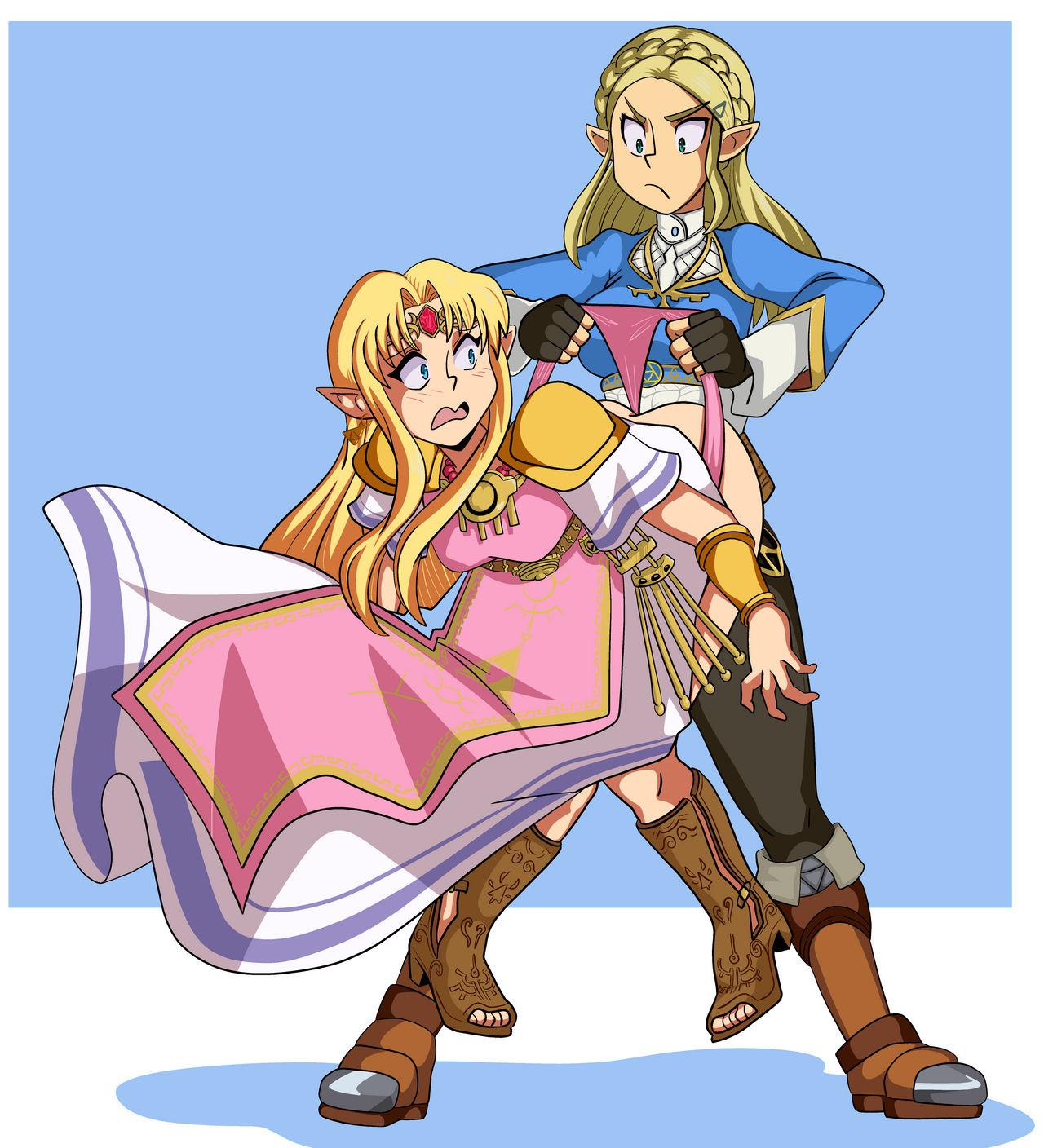 2girls, a link between worlds, breath of the wild, bullying, embarrassing, female, lifting person, multiple females, multiple girls, nintendo, panties, panty pull, pink panties, princess zelda, selfcest, square crossover, tagme, the legend of zelda, tsuchihara , wedgie, yuri, zelda (a link between worlds), zelda (breath of the wild)