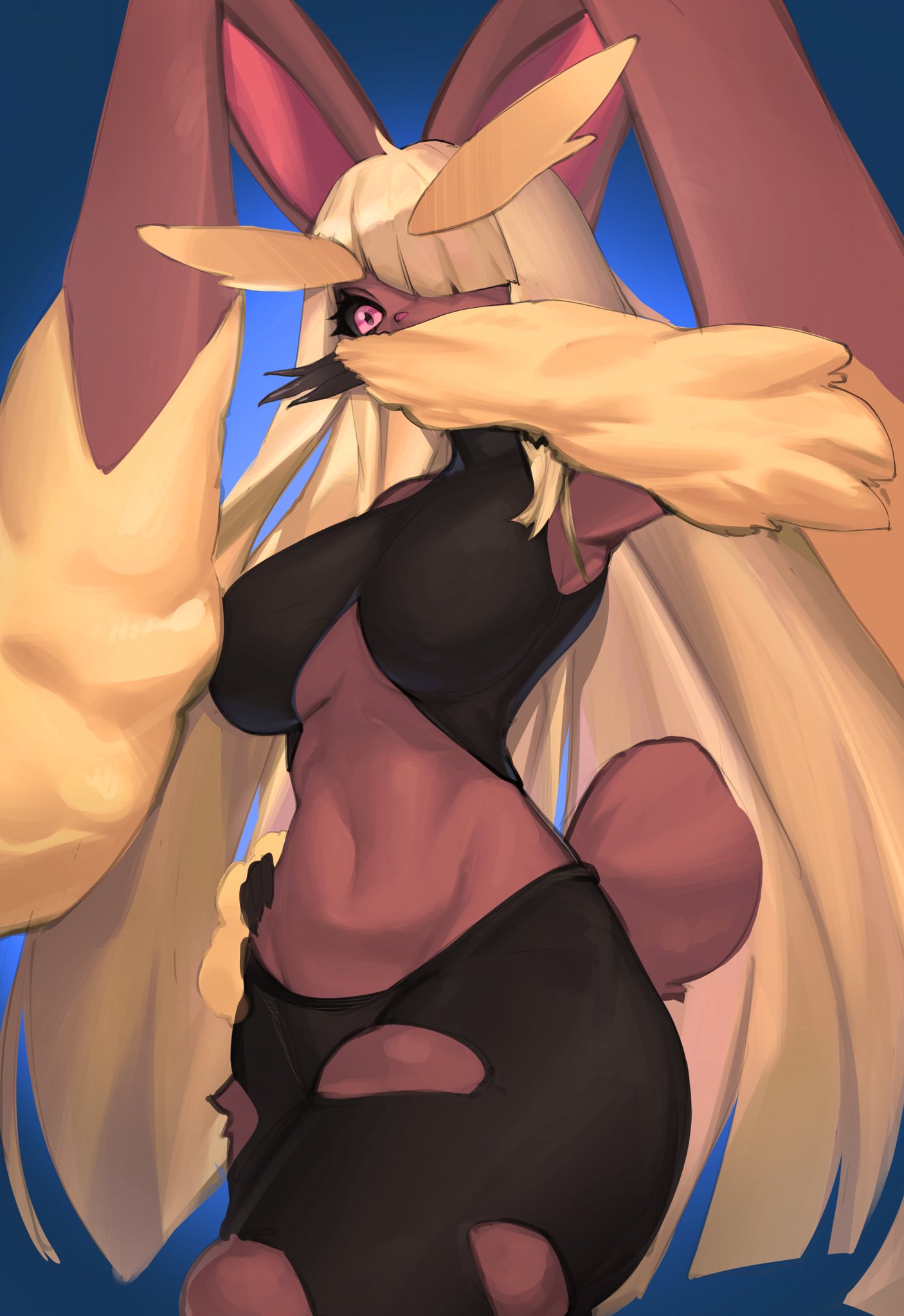 2022 anthro black_sclera blonde_hair bottomwear breasts clothing eyelashes female generation_4_pokemon grey_background hair hair_over_eye hi_res long_ears long_hair lopunny mega_evolution mega_lopunny midriff nintendo one_eye_obstructed pants pokemon pokemon_(species) red_eyes short_hair simple_background solo torn_clothing video_games woobin94