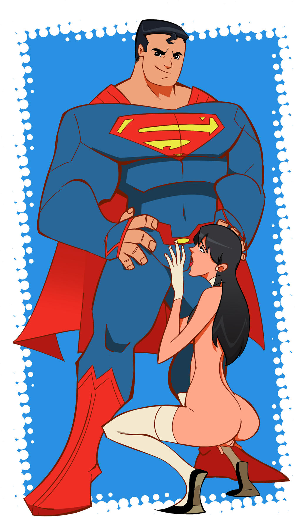 ass blue_background clark_kent clothed_male_nude_female dark_hair dc dc_comics fucktoontv functionally_nude_female hand_on_crotch kneeling lois_lane long_hair male/female naked_female nude nude_female nudity shoes smiling_at_viewer smirk stockings stockings_only submissive_female sucking sucking_penis superhero superman superman_(series) white_background