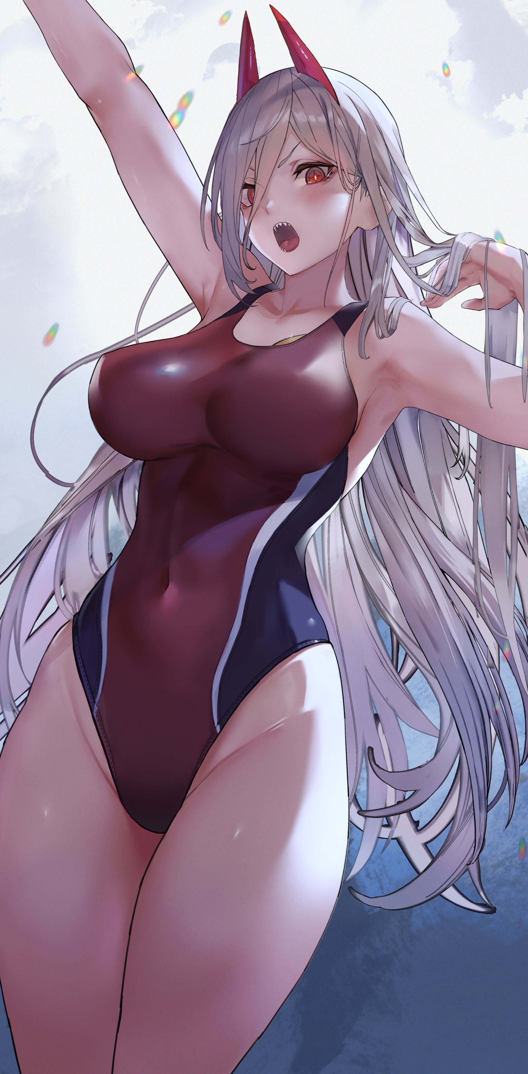 absurdres, arm up, armpits, breasts, chainsaw man, competition swimsuit, cowboy shot, female, female only, highleg, highres, horns, large breasts, long hair, looking at viewer, one-piece swimsuit, open mouth, power (chainsaw man), red eyes, red horns, sawatari kazuma, sharp teeth, solo, swimsuit, teeth, very long hair