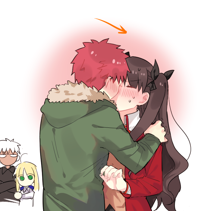 2boys 2girls archer_(fate) artoria_pendragon blonde_hair blush brown_hair cardigan cute emiya_shirou fate/stay_night fate_(series) female french_kiss hoodie kiss kissing mob_face pointing red_hair saber simple_background submissive tohsaka_rin tsundere twintails white_hair wholesome