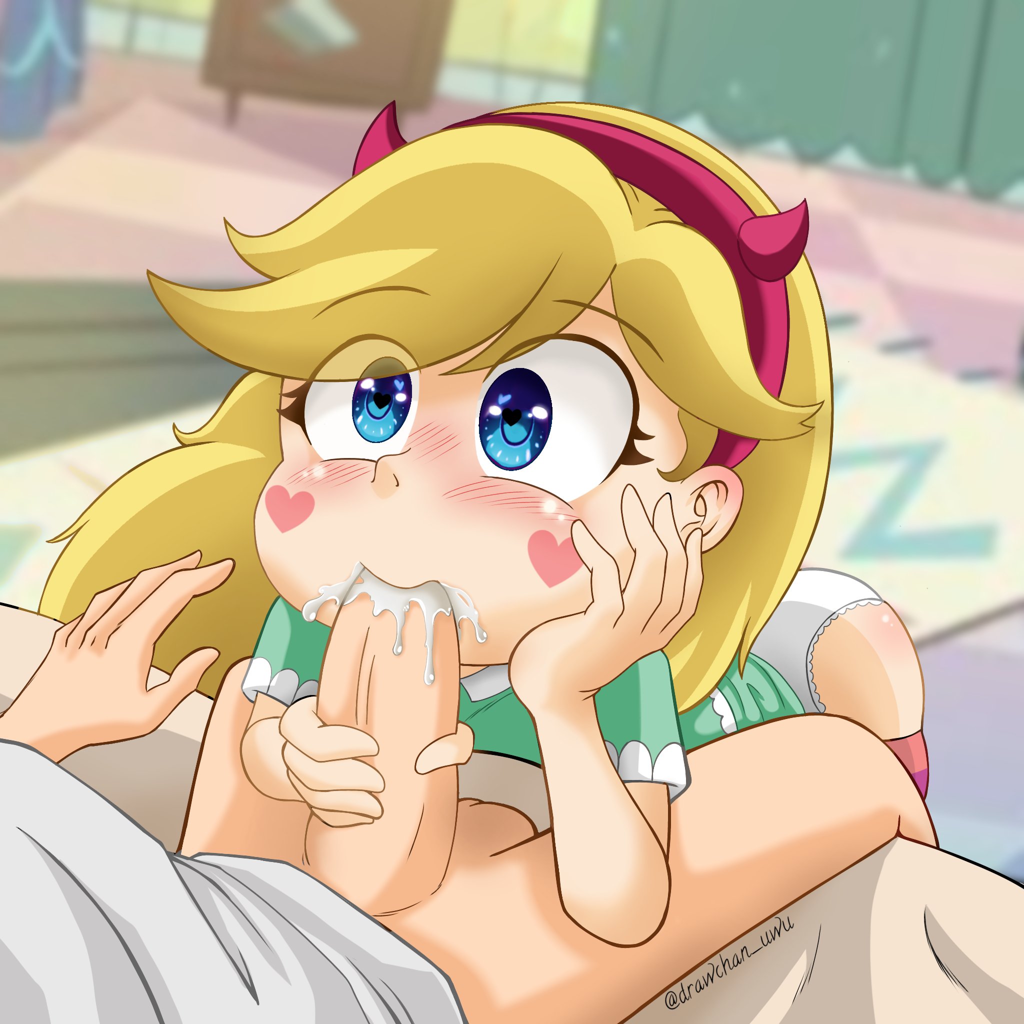 1boy, 1girls, balls, blonde female, blonde hair, blowjob, blue eyes, blush, cute, disney, disney channel, disney xd, drawchan, fellatio, female, hairband, long hair, male, oral, panties, partial male, penis, star butterfly, star vs the forces of evil, testicles, white female