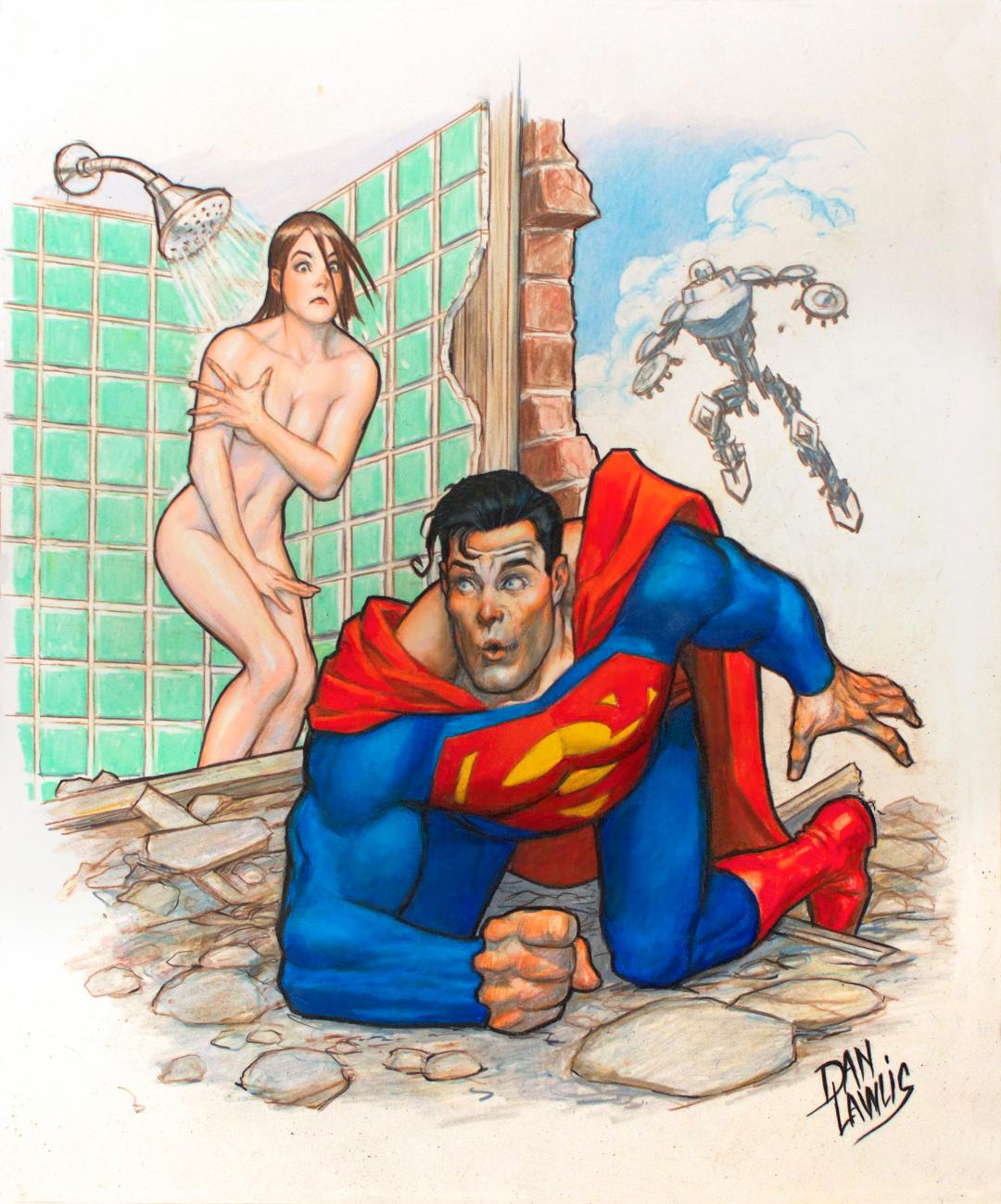 1boy1girl bathroom brown_hair clark_kent clothed_male_nude_female covering_breasts covering_crotch dan_lawlis dc dc_comics female lois_lane male male/female naked naked_female nude nude_female nudity pog poggers robot shocked_expression shower showering standing superhero superman superman_(series) suprised