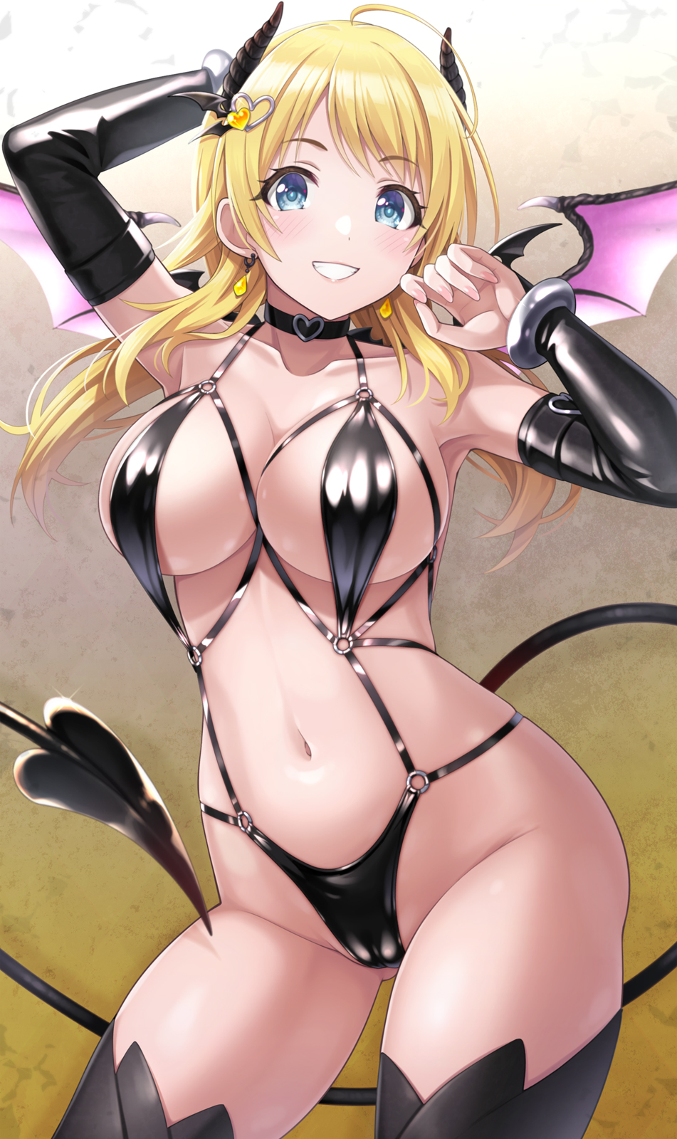1girls, ahoge, black choker, black horns, black sleeves, black thighhighs, blonde hair, blue eyes, breasts, cameltoe, choker, collarbone, commentary request, cowboy shot, demon, demon girl, demon horns, demon tail, demon wings, detached sleeves, earrings, female, fingernails, gradient, gradient background, hachimiya meguru, hair ornament, heart, heart choker, heart hair ornament, highres, horns, idolmaster, idolmaster shiny colors, jewelry, large breasts, light skin, light-skinned female, long hair, looking at viewer, low twintails, navel, pussy, sling bikini, smile, solo, solo female, standing, tail, thighhighs, thighs, twintails, urabi (tomatohouse), wings