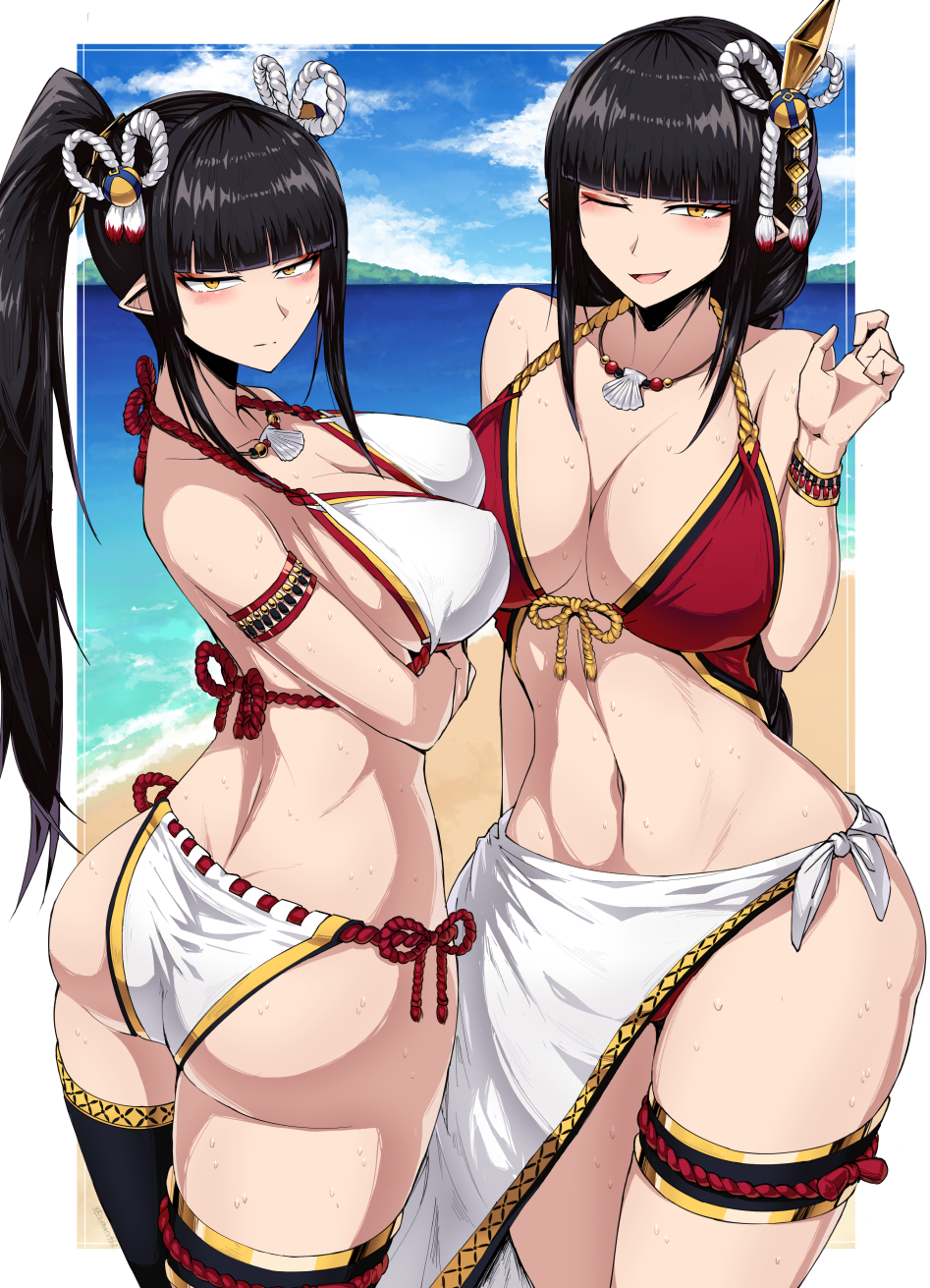 2022 2girls ass beach big_ass bikini black_hair blush breasts capcom embarrassed female female_only fewer_digits four_fingers hair_ornament hime_cut hinoa hips large_ass large_breasts light-skinned_female light_skin long_hair long_ponytail minoto monster_hunter monster_hunter_rise outdoors pointy_ears ponytail red_bikini sisters slim_waist smile suzusiigasuki thick_thighs thighs twins white_bikini wide_hips wink wyverian yellow_eyes