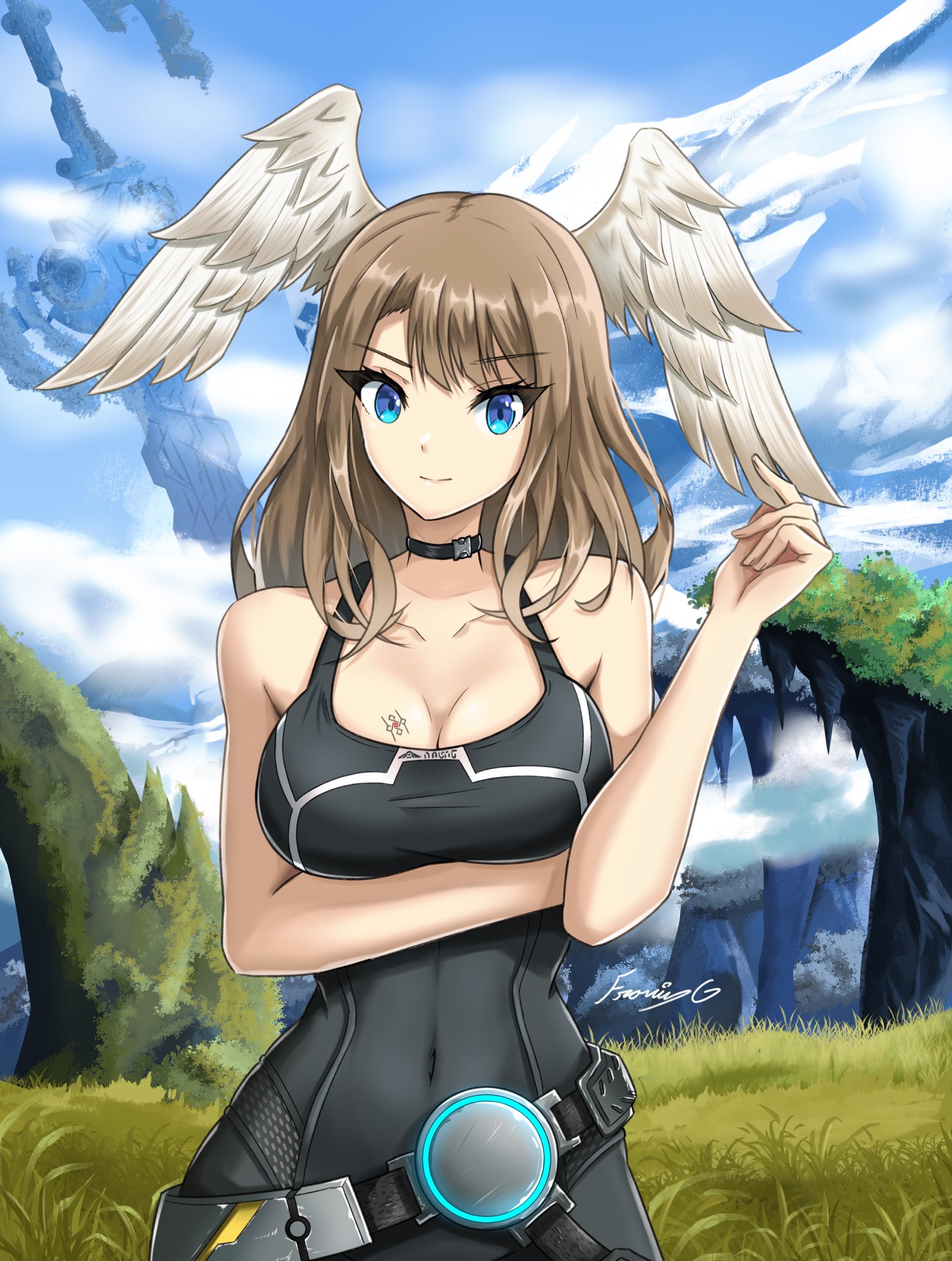 1girls, arm under breasts, athletic, athletic female, belt, big breasts, blue eyes, bodysuit, breasts, brown hair, choker, cleavage, eunie (xenoblade), female, female only, high entia, looking at viewer, navel visible through clothes, posing, solo, solo female, tight clothing, xenoblade (series), xenoblade chronicles 3