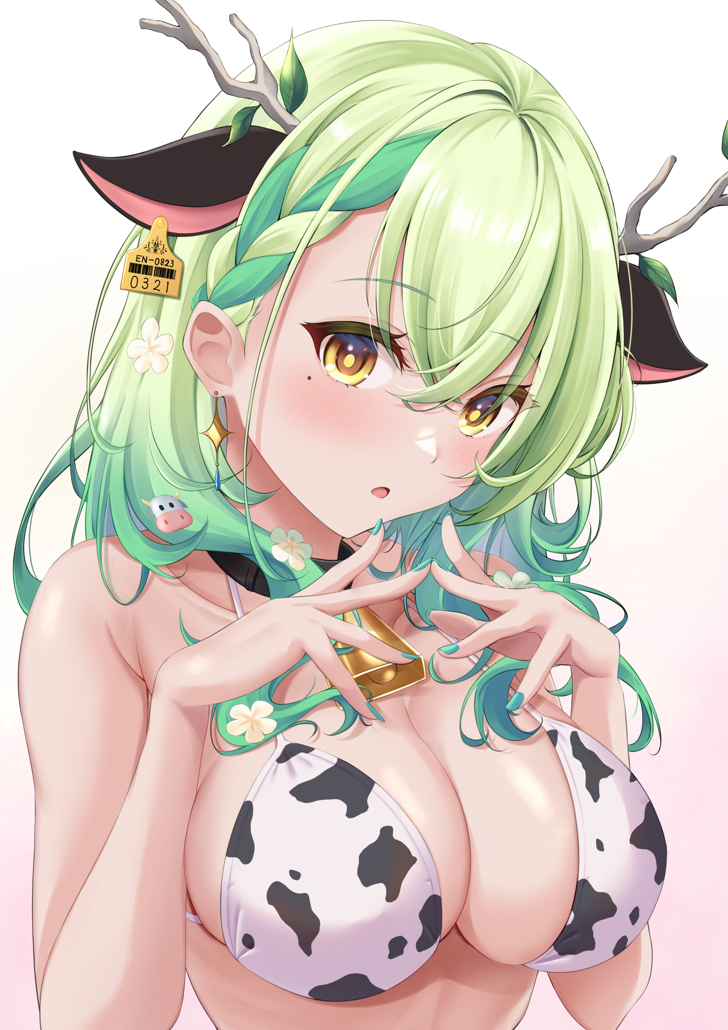 beauty mark, bell, bikini, bikini top, ceres fauna, choker, cow ears, cow print, cowbell, cowkini, female, flower in hair, green hair, hair ornament, hololive, hololive english, hololive english -council-, hololive english -promise-, horns, nail polish, painted nails, virtual youtuber, white background, yellow eyes