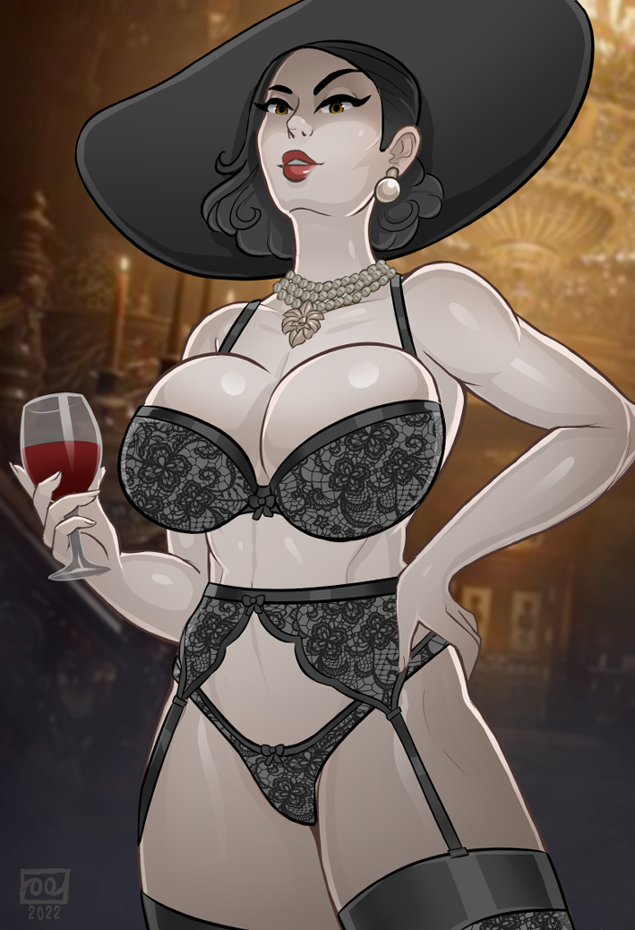 1milf alcina_dimitrescu black_hair black_lingerie classy classy_female cleavage elegant elegant_room garter_belt garter_straps grey_skin hat hazel_eyes huge_breasts lingerie looking_at_viewer medium_hair milf monolithic-sloth necklace resident_evil resident_evil_8:_village thighhighs wine_glass