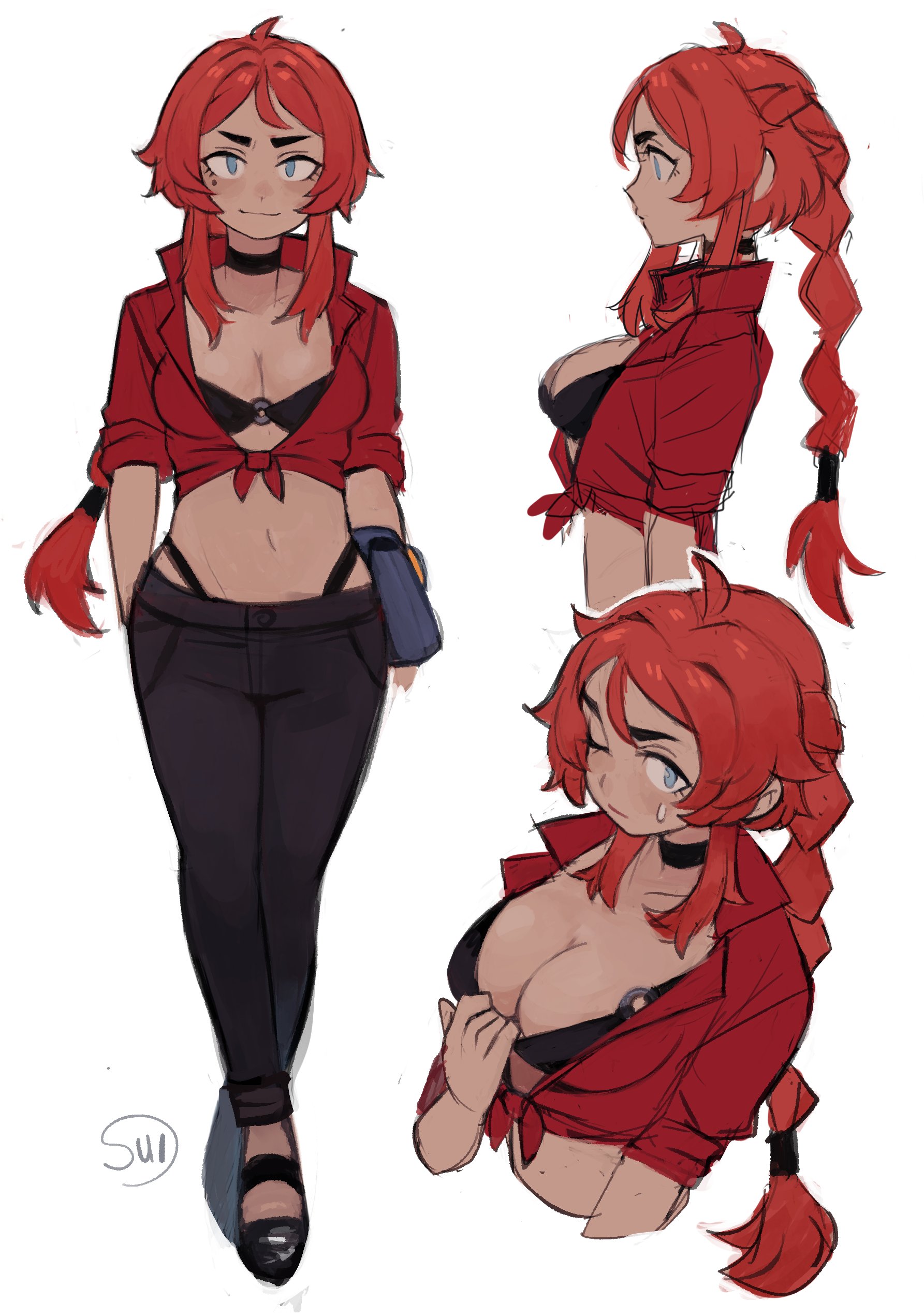 1girls, big breasts, blue eyes, blush, braid, breasts, cleavage, female, looking at viewer, mole, mole under eye, navel, partially clothed, red hair, roux (suizilla), solo, standing, suizilla, tagme