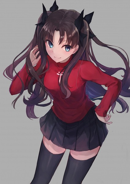 1girls, blue eyes, breasts, cute, fate (series), fate/stay night, female, leaning forward, long sleeves, looking at viewer, medium breasts, pleated skirt, red shirt, ribbons, simple background, smile, solo, tagme, thighhighs, thighs, tohsaka rin