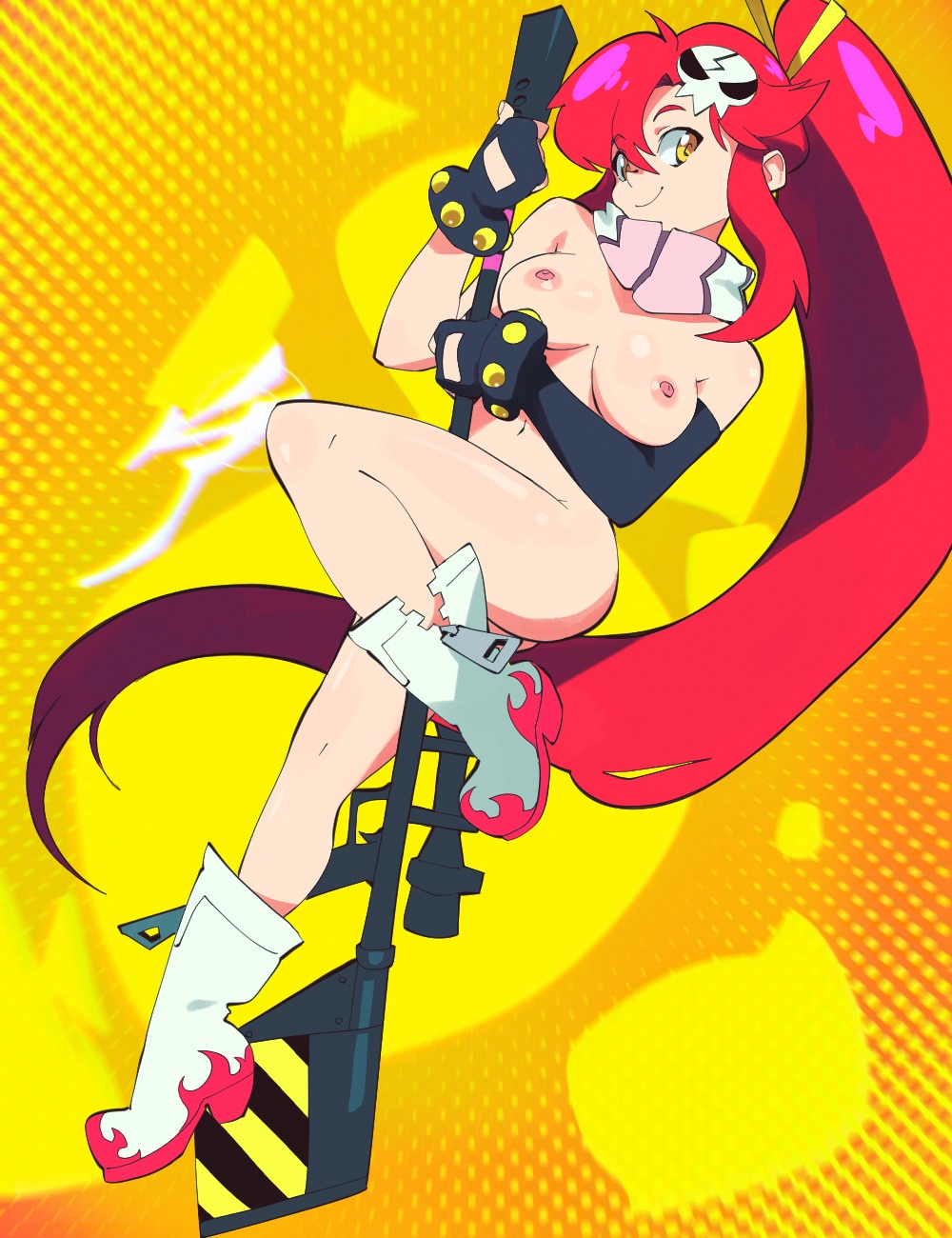1girls, aetherion art, boots, breasts, female, gloves, hair ornament, naked footwear, nude, nude female, ponytail, red hair, rifle, scarf, smile, tengen toppa gurren lagann, yellow eyes, yoko littner