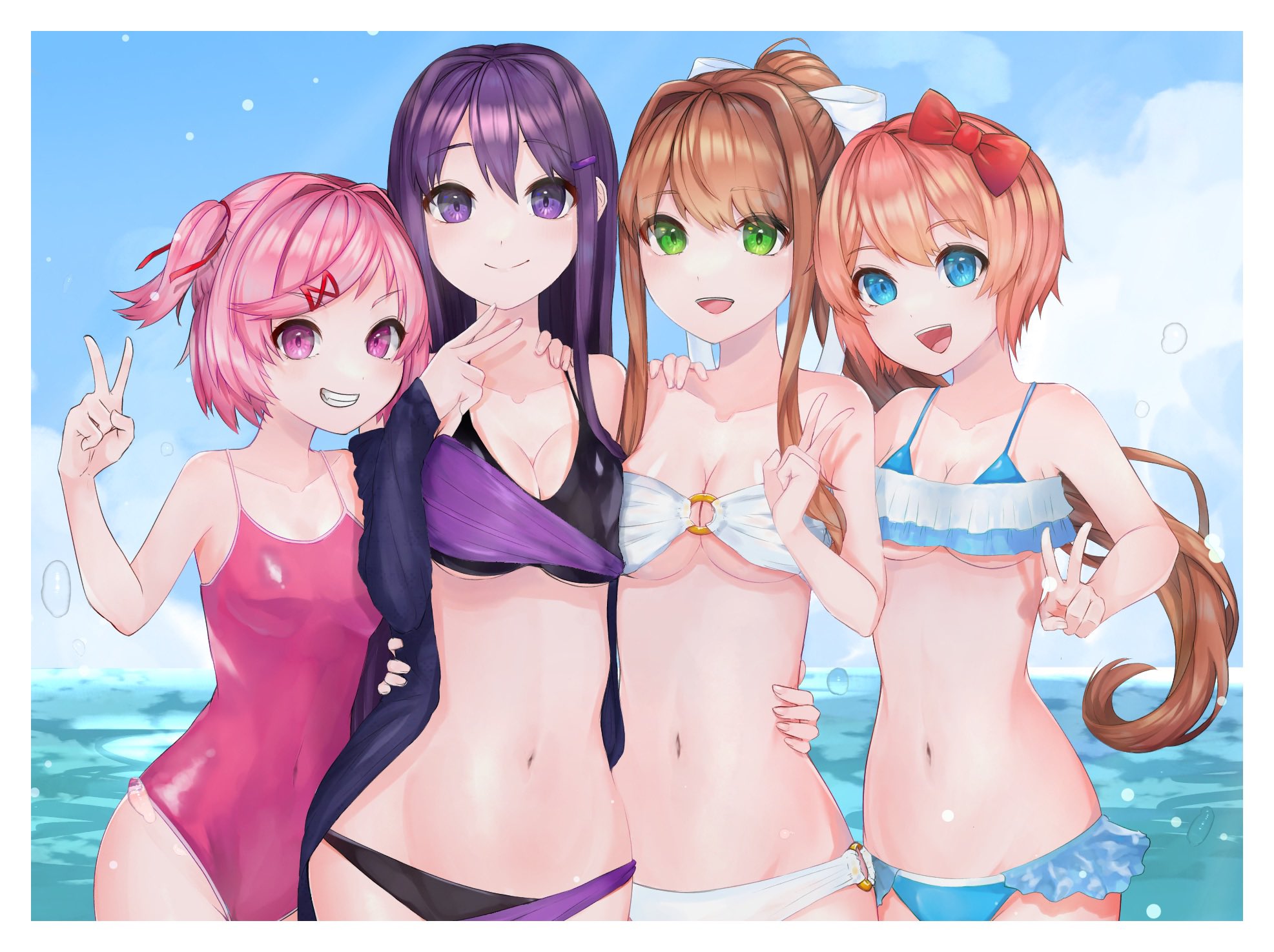 4girls, bikini, blue bikini, blue eyes, brown hair, doki doki literature club, female, female only, green eyes, grin, grinning, grinning at viewer, looking at viewer, monika (doki doki literature club), multiple females, multiple girls, natsuki (doki doki literature club), ocean, open mouth, orange hair, peace sign, photo, pink eyes, pink hair, pink swimsuit, purple eyes, purple hair, purple swimsuit, sayori (doki doki literature club), smile, smiling, smiling at viewer, swimsuit, v, water, white bikini, wuwmbr, yuri (doki doki literature club)