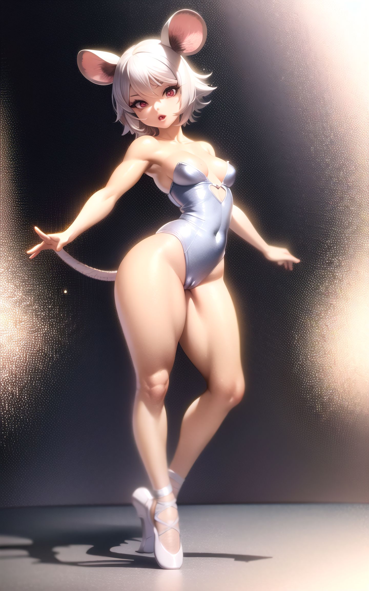 1girls, 2023, ai generated, animal ears, ballerina, ballet slippers, bodysuit, breasts, cameltoe, dancing, female, female only, hi res, highres, light skin, looking at viewer, mouse, nazrin, open mouth, pussy, red eyes, short hair, skin tight, small breasts, stable diffusion, tail, thick thighs, tight clothing, tight fit, touhou, white hair