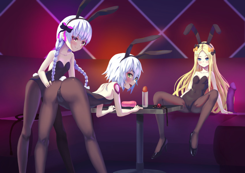 3girls abigail_williams_(fate/grand_order) arm_tattoo ass ball_gag belt bending_over blonde_hair braided_twintails breasts bunny_ears bunny_tail cameltoe covered_navel dildo fake_animal_ears fake_tail fate/apocrypha fate/grand_order fate_(series) gag gloves green_eyes hand_on_ass high_heels jack_the_ripper_(fate/apocrypha) leotard long_hair multiple_girls navel nursery_rhyme_(fate) nzz pantyhose pink_eyes scar scar_on_face sex_toy short_hair single_glove small_breasts table tattoo tongue_out white_hair