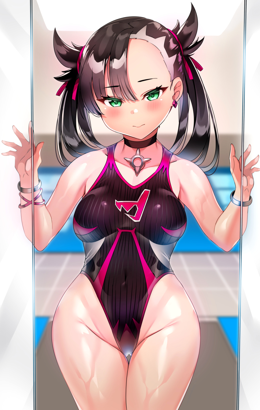 big breasts, black hair, black swimsuit, bracelet, breasts, choker, competition swimsuit, earrings, female, green eyes, gym leader, gym uniform, higher resolution available, highleg, highleg swimsuit, looking at viewer, marnie (pokemon), nintendo, one-piece swimsuit, pokemon, pokemon ss, pool, ribbon in hair, swimsuit, tem10, twintails, wet, wide hips