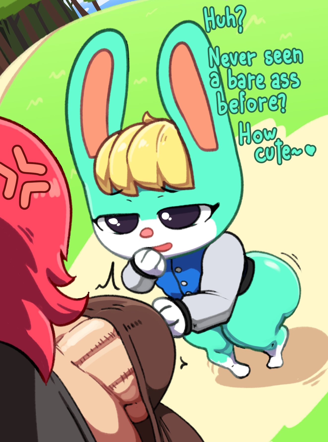 2boys animal_crossing anthro artist_request ass big_ass big_butt big_penis blonde_hair bottomless bottomwear bulge clothed clothing cross-popping_vein duo english_text femboy genitals green_body hair heart hi_res lagomorph leg_markings leporid male male_only male_penetrated mammal markings nintendo pants penis question_mark rabbit red_hair sasha_(animal_crossing) socks_(marking) text the_yeager thick_thighs topwear vest video_games wide_hips