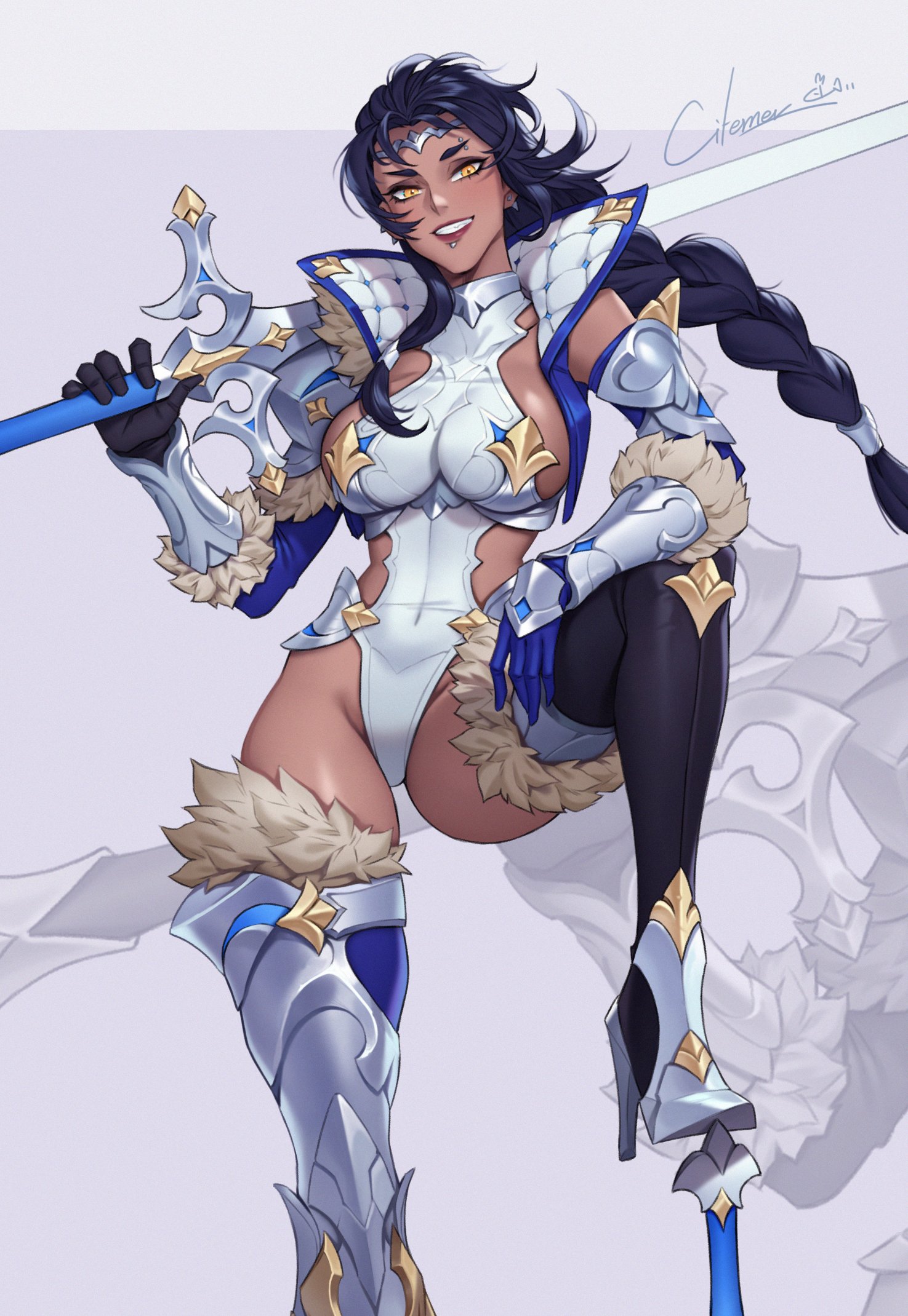 1girls, armor, black hair, braid, braided ponytail, breasts, circlet, citemer, dark hair, dark skin, dark-skinned female, female, female knight, fur trim, gauntlets, long hair, sideboob, smile, solo, sword, thick thighs, thigh boots, thighs, yellow eyes