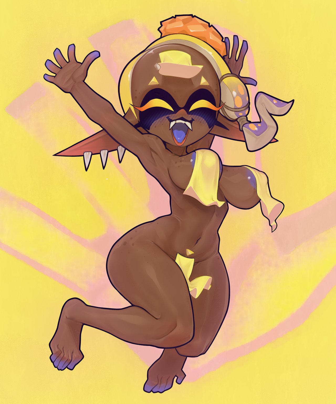 1girls areola_slip arms_up big_forehead blue_areola blue_tongue blush breasts closed_eyes dark-skinned_female dark_skin deep_cut_(splatoon) derek_hetrick ear_piercing fangs female female_only frye_(splatoon) grundelsmoochart happy hi_res long_ears nintendo nude nude_female open_mouth pointy_ears splatoon splatoon_3 tentacle_hair toes yellow_hair