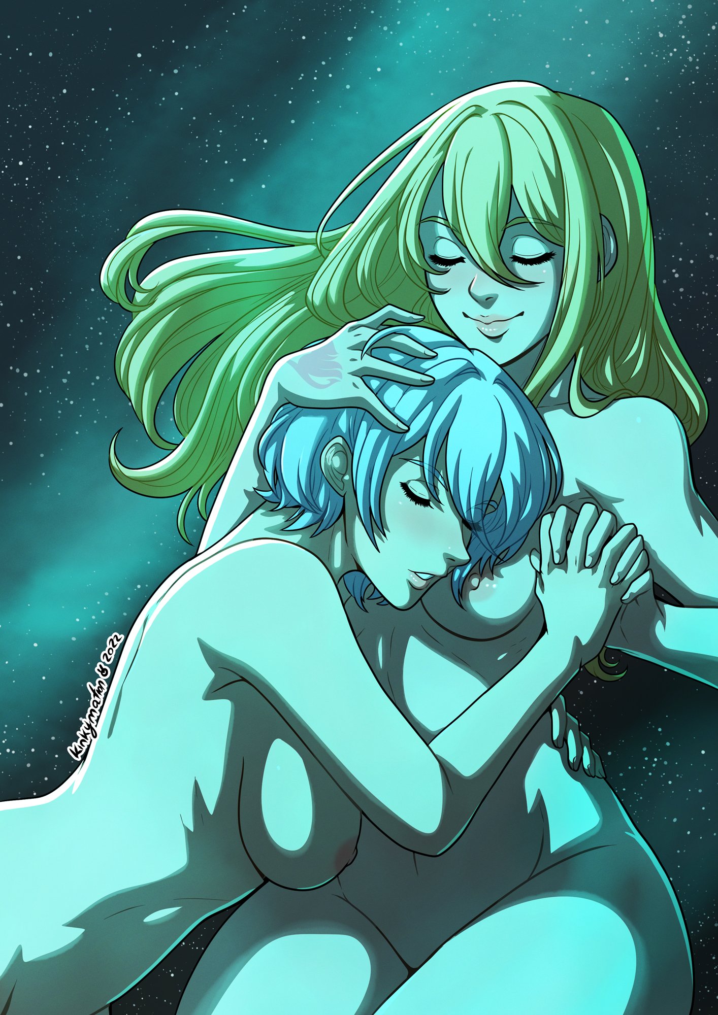 2girls, areolae, bare thighs, blonde hair, blue hair, blush, breasts, completely nude, fairy tail, fairy tail mark, female, female only, hand holding, hand on another's head, hand on head, hand tattoo, hi res, kinkymation, long hair, lucy heartfilia, medium hair, multiple females, multiple girls, nipples, nude, nude female, pink tattoo, smile, tattoo, thighs, white hair, wholesome, yukino aguria, yuri
