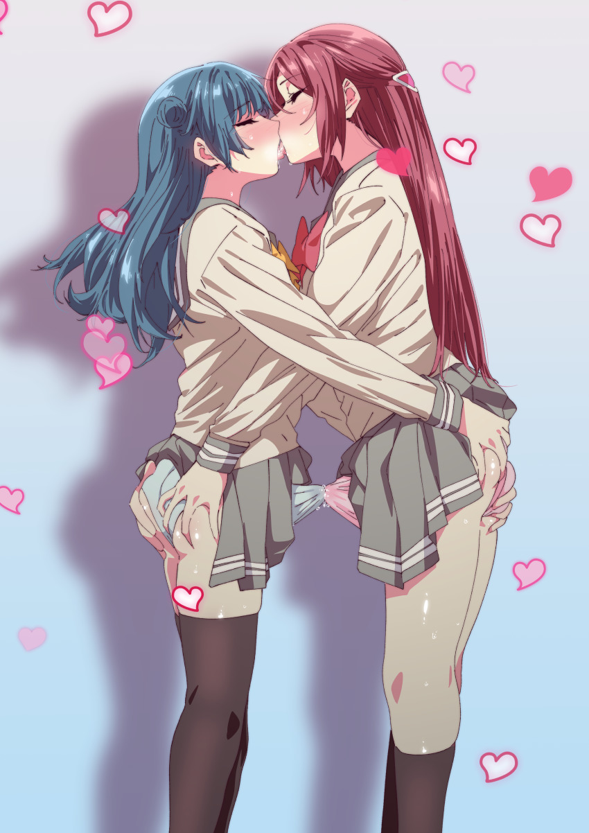 2futas blue_hair blue_panties closed_eyes clothed clothing dicks_touching duo ecoman erection_under_clothes french_kiss frottage fully_clothed futa_on_futa futa_only futanari hair_ornament hand_on_ass heart height_difference human kissing kneehighs light-skinned_futanari light_skin long_hair love_live! love_live!_sunshine!! panties penis penis_under_clothes penis_under_panties penises_touching pink_panties precum precum_through_clothing red_hair sakurauchi_riko school_uniform skirt standing tenting thighhighs tsushima_yoshiko