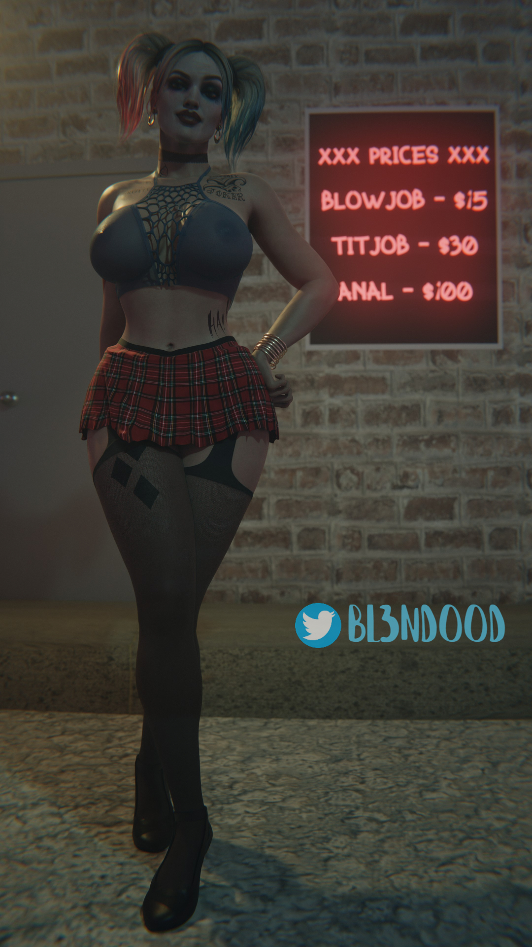 1girls, 3d, batman (series), big breasts, bl3ndood (artist), breasts, dc, dc comics, facepaint, female, female only, fully clothed, harley quinn, harley quinn (injustice), injustice 2, skirt, solo, tattoos, thick thighs, twintails, wide hips