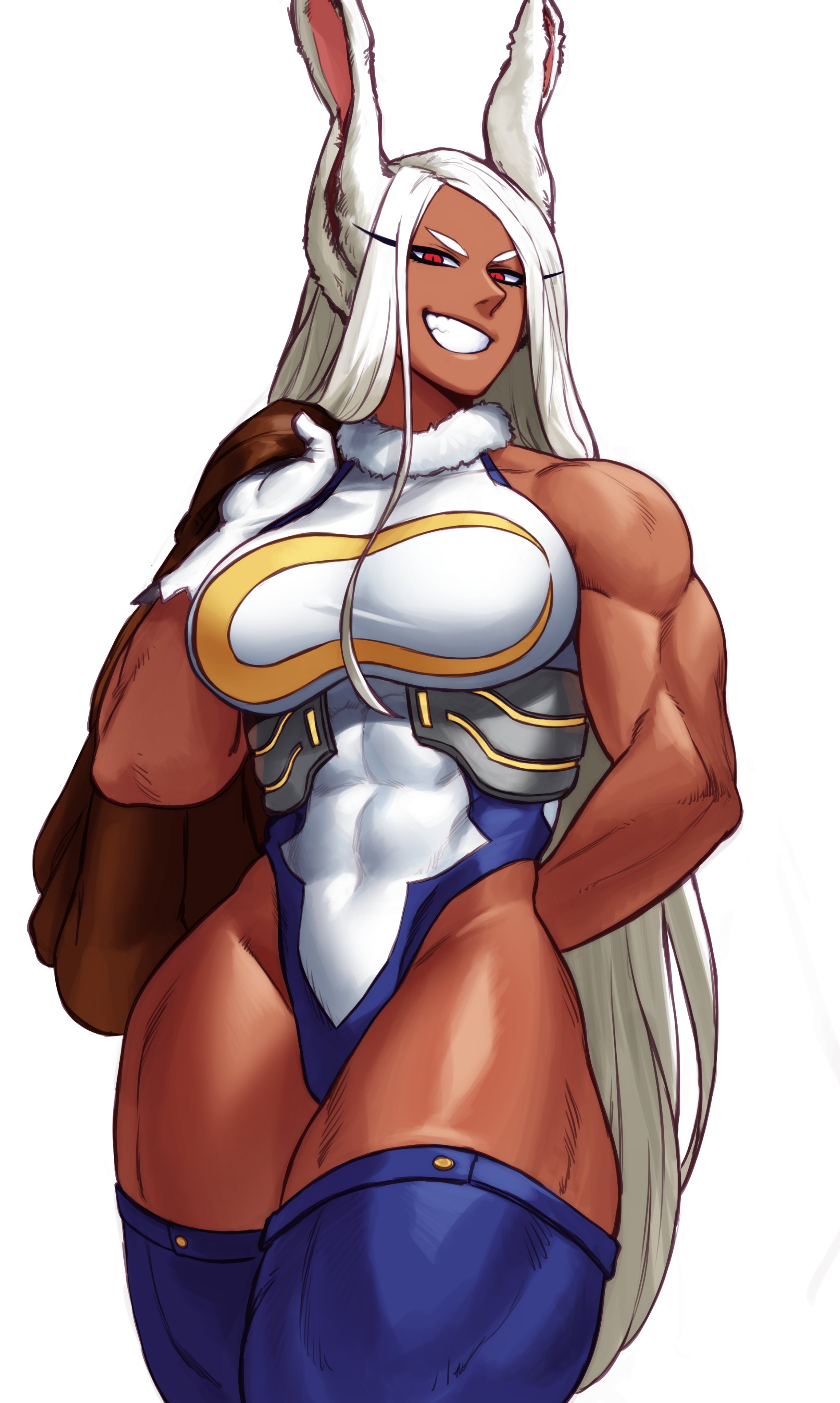 1girls, abs, absurd res, barefoot, biceps, big breasts, breasts, bunny ears, dark skin, dark-skinned female, feet out of frame, female, female only, fully clothed, leotard, long hair, looking at viewer, miruko, muscles, muscular, muscular female, muscular thighs, my hero academia, narrowed eyes, red eyes, rumi usagiyama, shounen jump, six pack, smile, smiling, smiling at viewer, solo, sotcho, teeth showing, thick thighs, thighhighs, toned, toned female, triceps, white background