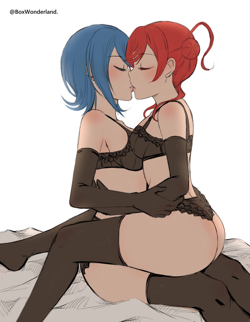 2girls black_bra black_lingerie black_panties black_thighhighs blue_hair bottom_heavy box_wonderland bra breasts closed_eyes earrings gloves hair_bun hand_on_arm hand_on_hip huge_ass kissing lingerie medium_breasts multiple_girls panties red_hair short_hair sitting_on_lap small_breasts thick_thighs thighhighs yuri