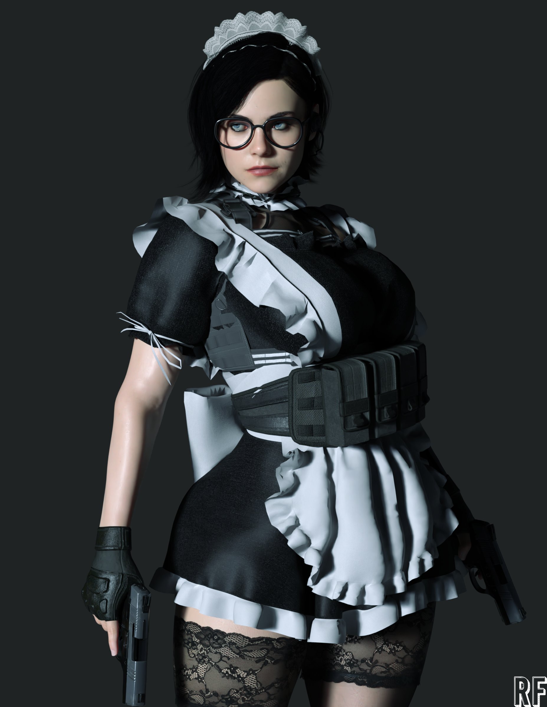 1girls, 3d, absurd res, artist logo, black hair, call of duty, call of duty black ops cold war, clothed, clothed female, dress, female, female only, fingerless gloves, fully clothed, glasses, gloves, gun, helen park (cod), hi res, maid, maid uniform, rude frog, solo, solo female, stockings